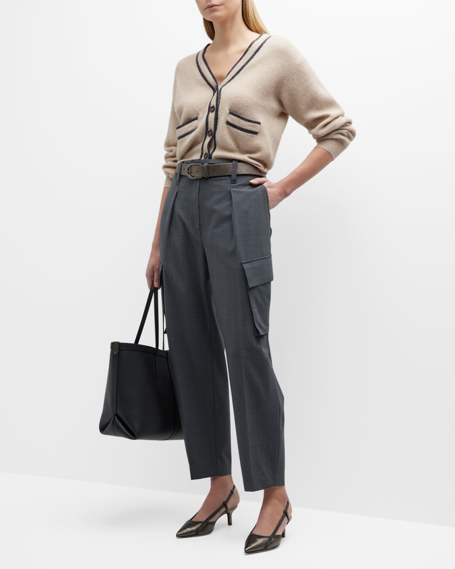 Brunello Cucinelli Wool Cargo Pants with Tie Belt | Neiman Marcus