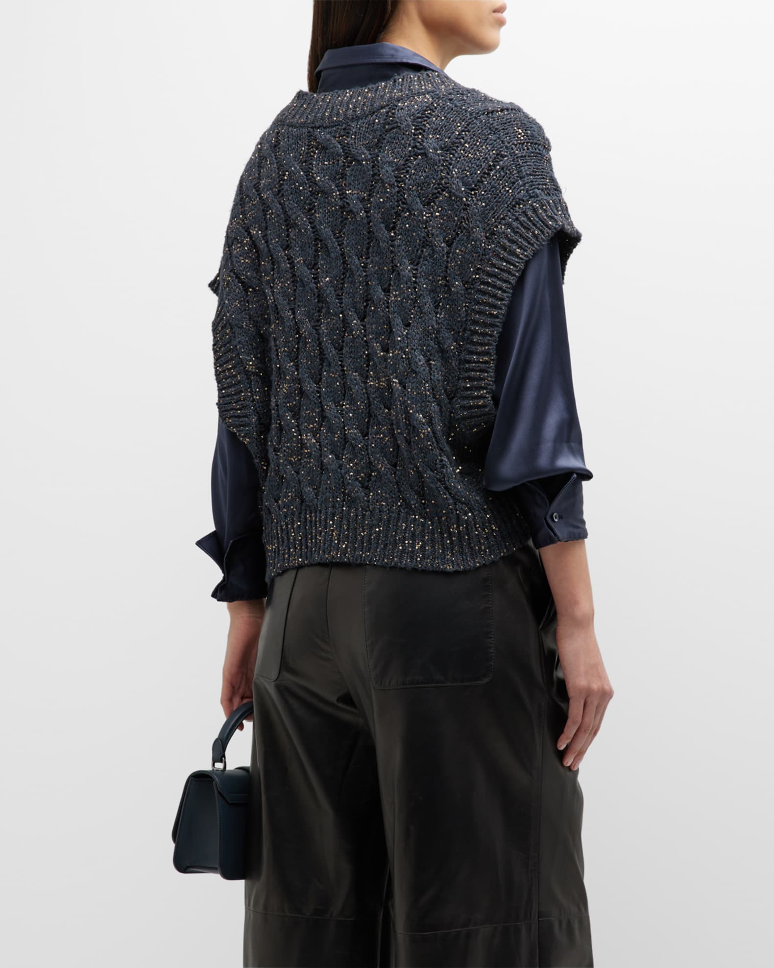 Brunello Cucinelli Linen Cable-Knit Vest with Paillette Detail | Neiman ...