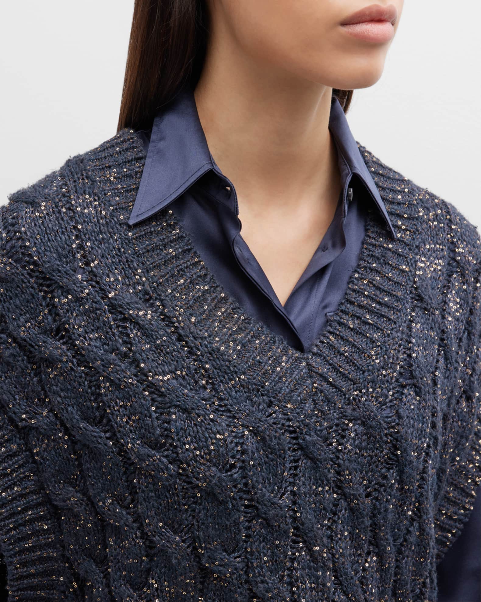 Linen Cable-Knit Vest with Paillette Detail