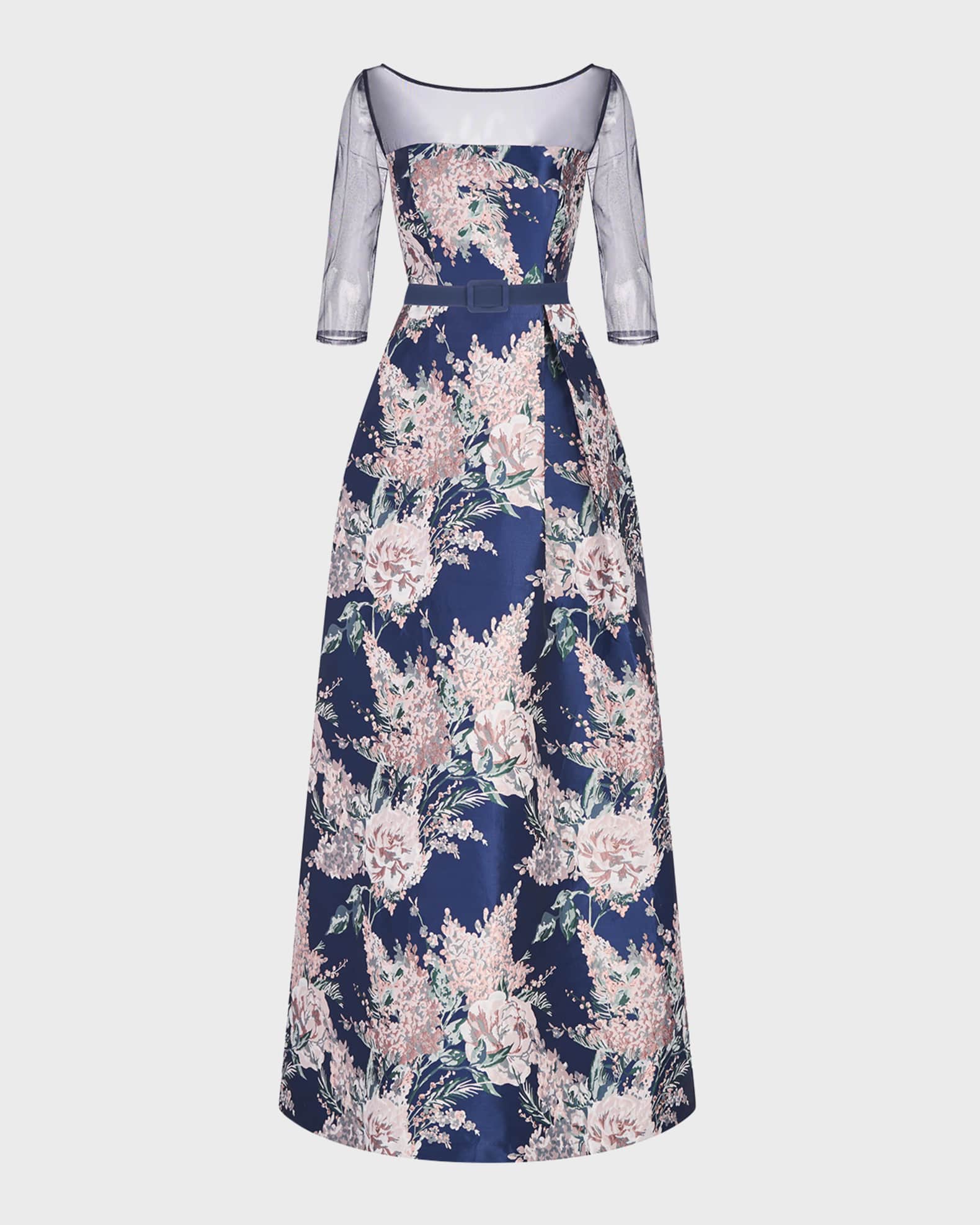 Kay Unger New York Pleated Floral Jacquard Illusion Gown | Neiman Marcus