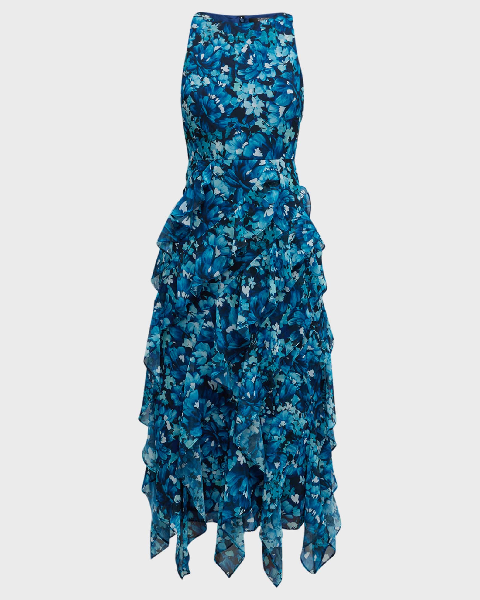 Badgley Mischka Collection Floral-Print Cascading Ruffle Midi Dress ...
