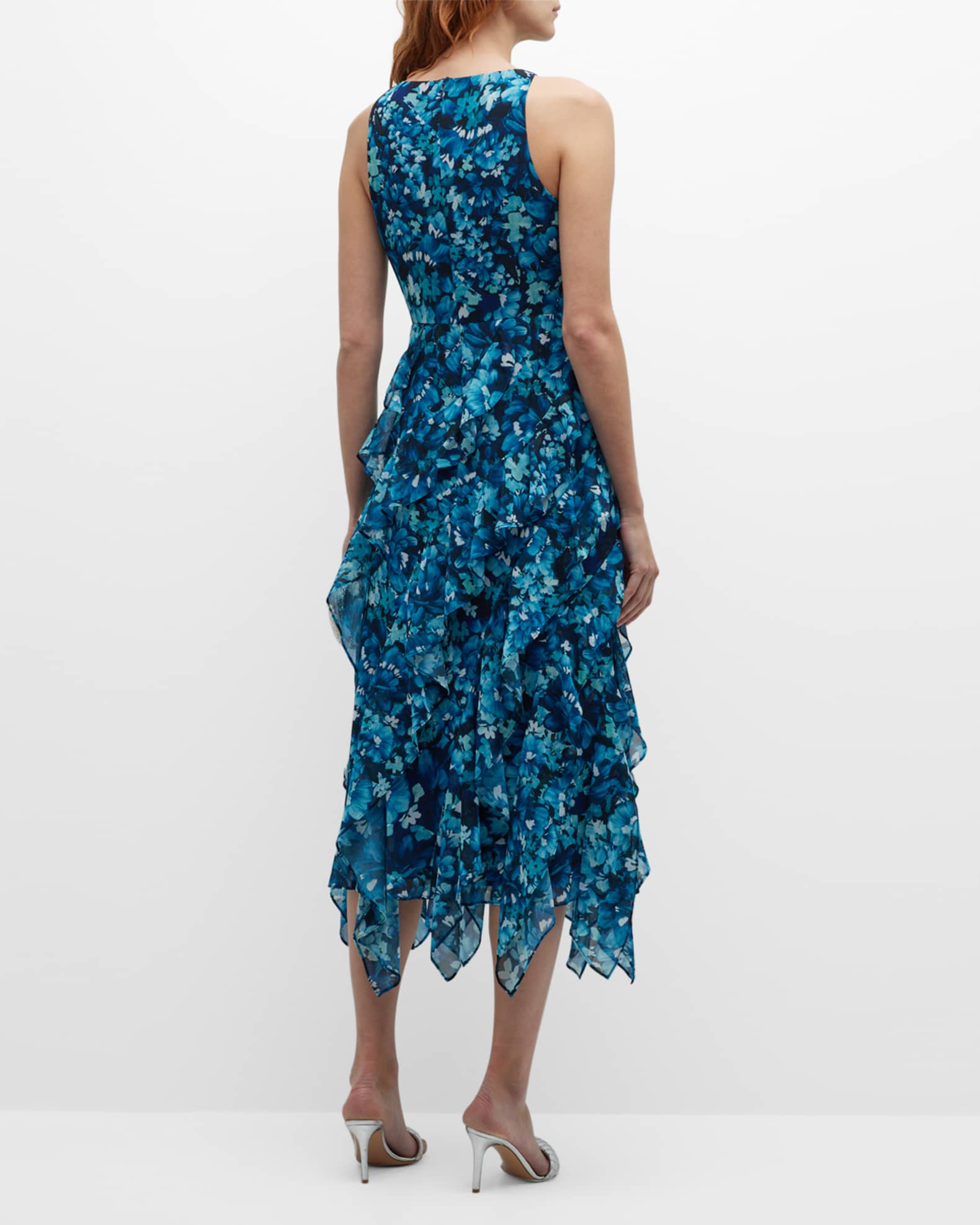 Badgley Mischka Collection Floral Print Cascading Ruffle Midi Dress Neiman Marcus 8863