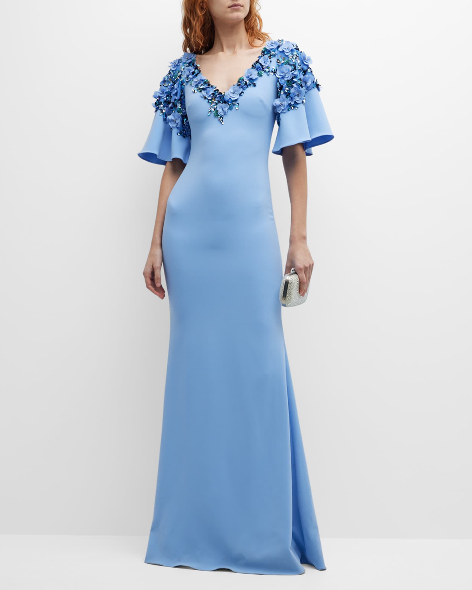 Embellished Flutter-Sleeve A-Line Gown 0
