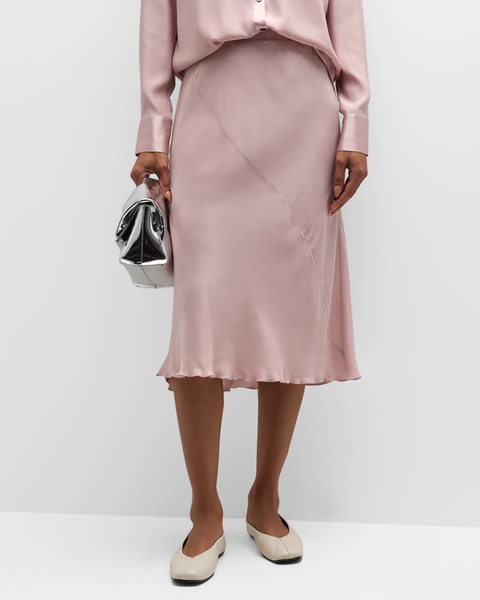 ATM Anthony Thomas Melillo Bias Cut Midi Silk Skirt Pink Lilac