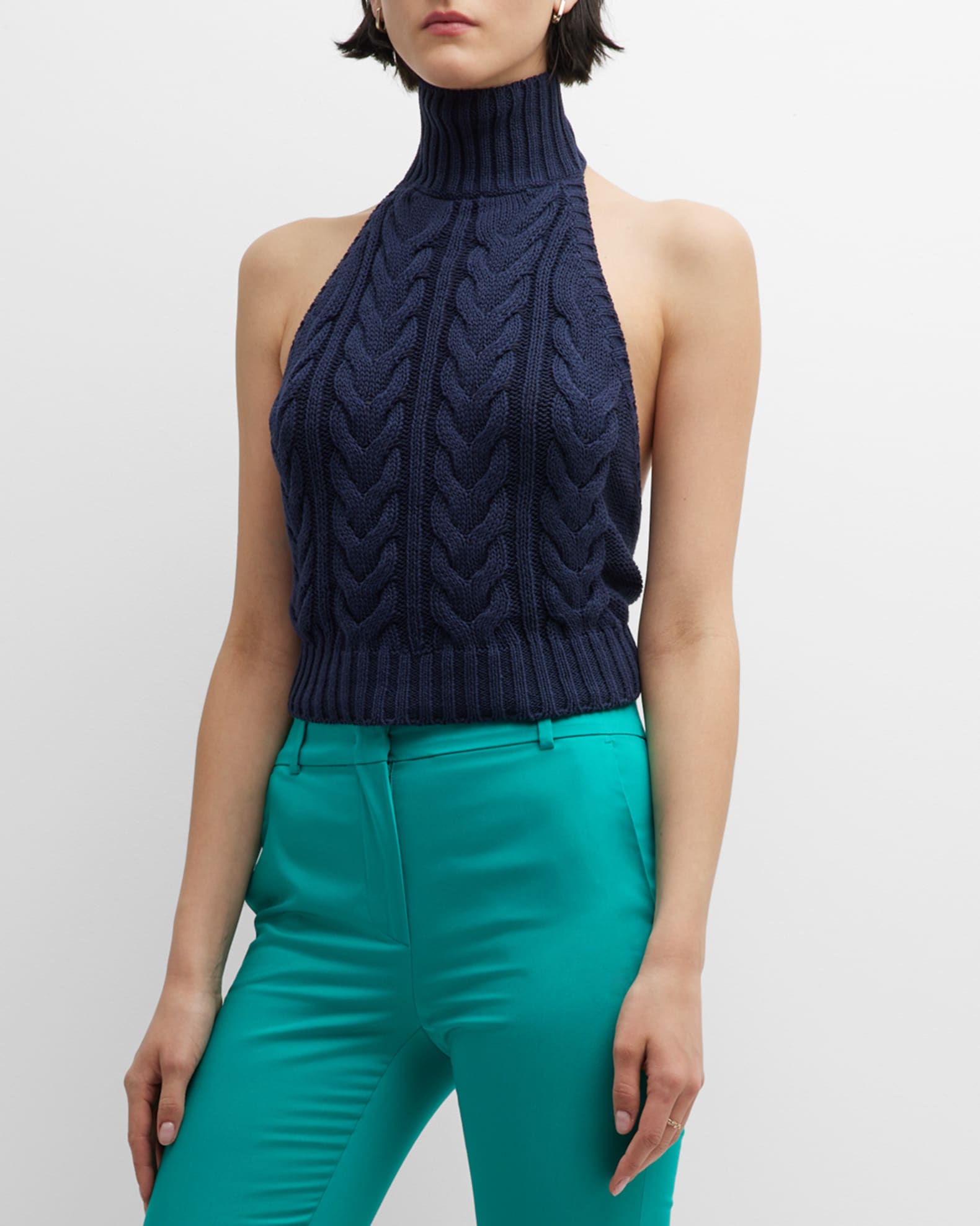 Max Mara Stallo Turtleneck Open-Back Cable Knit Tank Top | Neiman