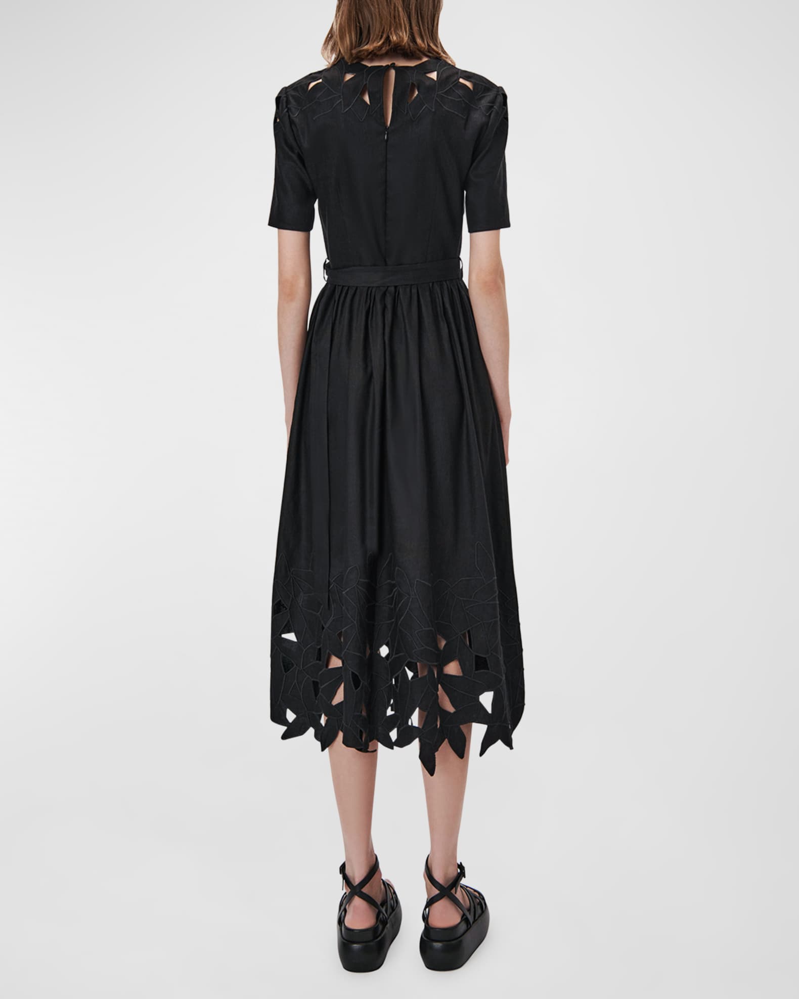 SIMKHAI Jilly Embroidered Short-Sleeve Belted Midi Dress | Neiman Marcus