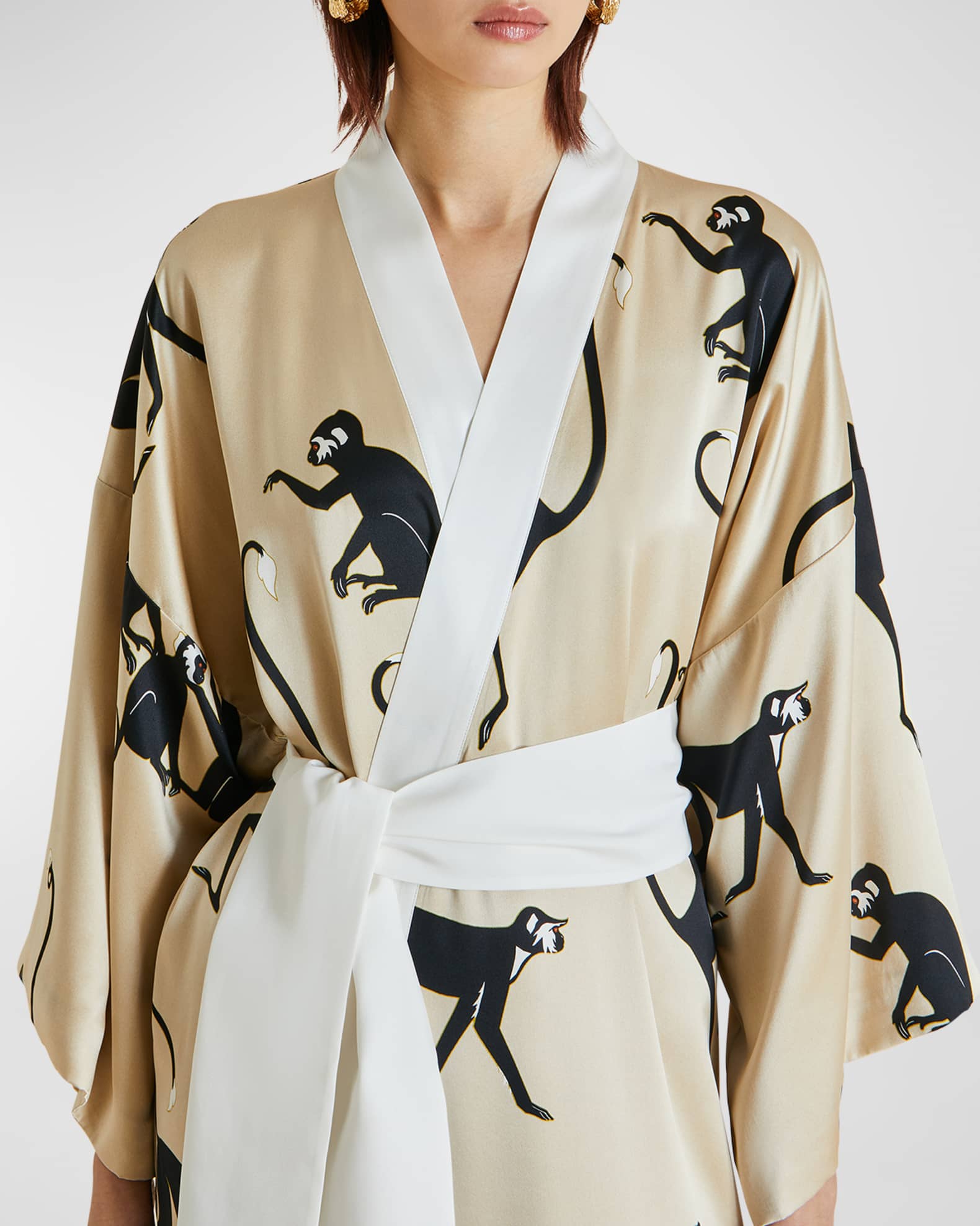 Olivia Von Halle Queenie Long Monkey-Print Silk Robe | Neiman Marcus