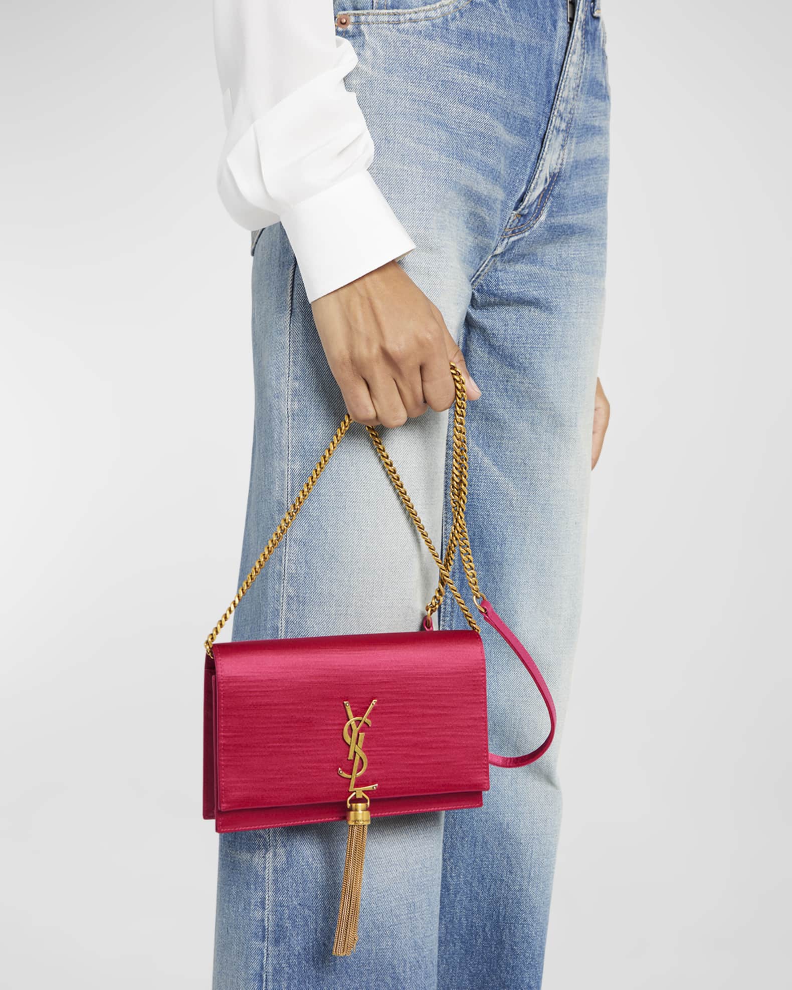 Saint Laurent Kate Tassel Textured Satin Wallet On Chain | Neiman Marcus