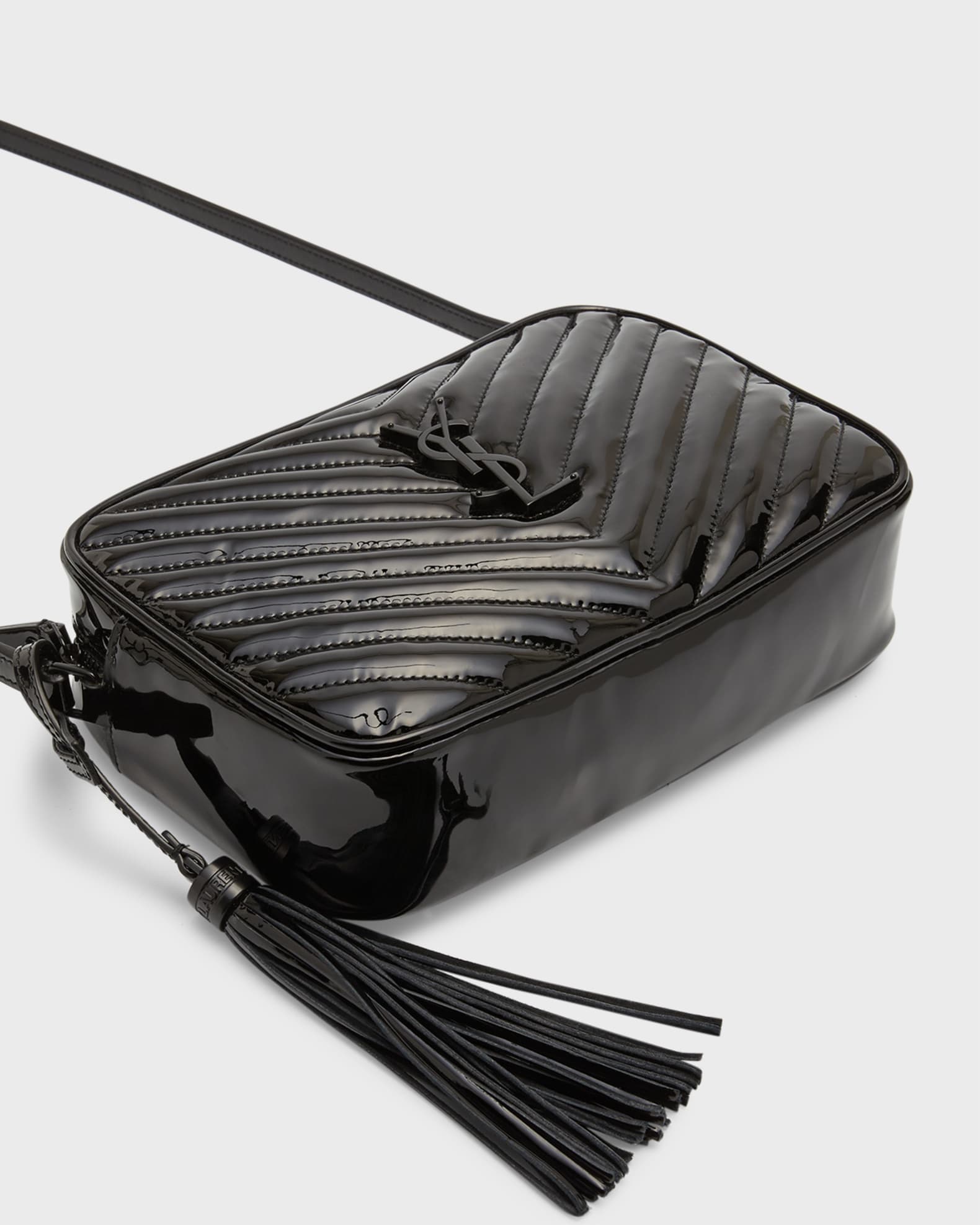 Lou Medium YSL Camera Bag with Pocket and Tassel in Quilted Patent Leather