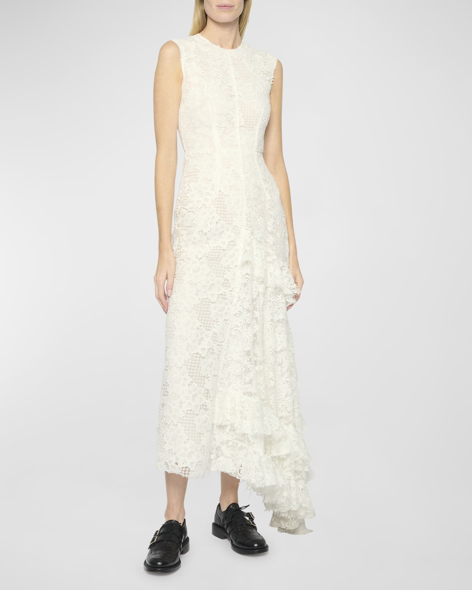 Erdem Asymmetric Tiered Ruffle Sleeveless Lace Midi Dress | Neiman