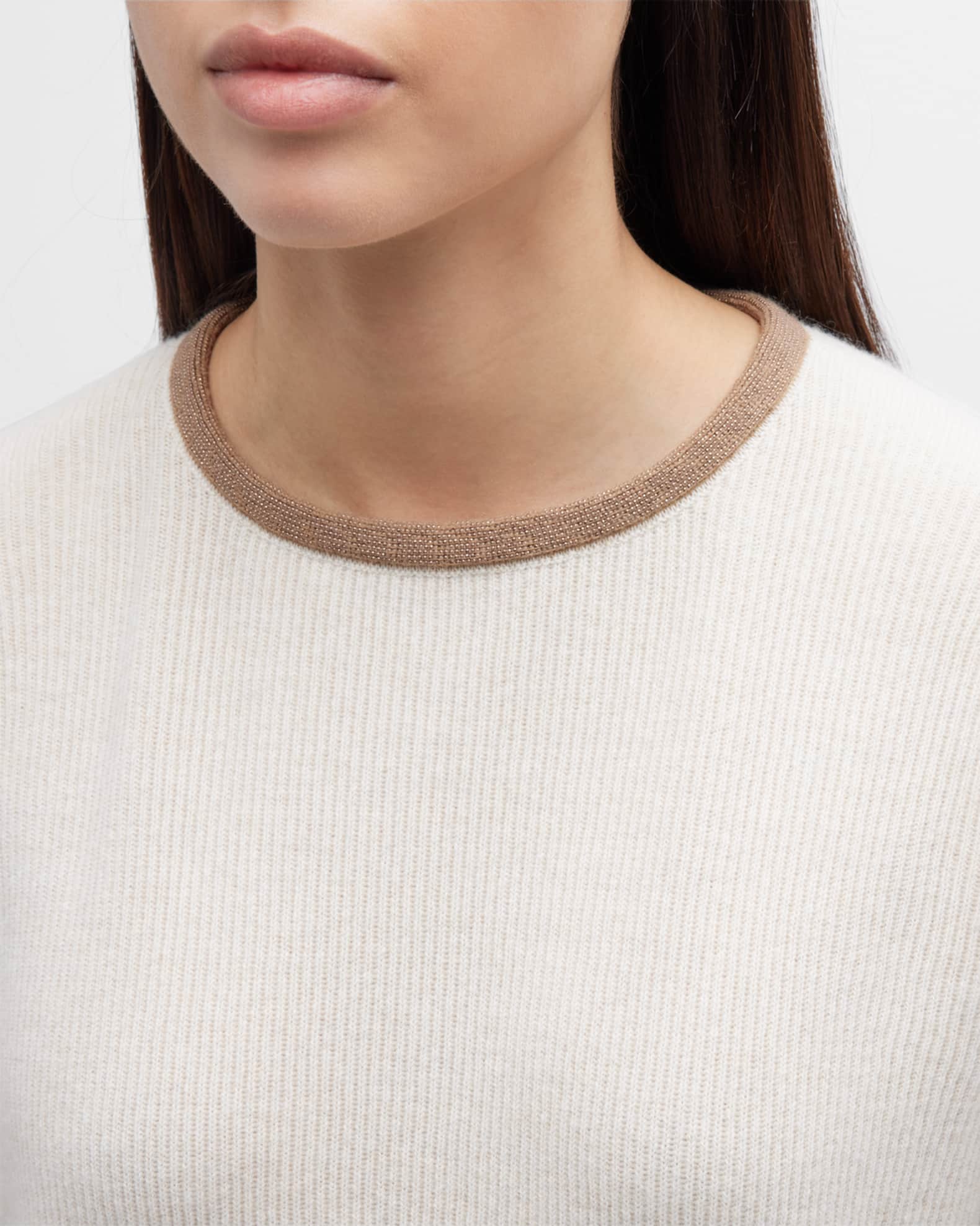 Brunello Cucinelli Cashmere Ribbed Knit Sweater with Monili Tubular