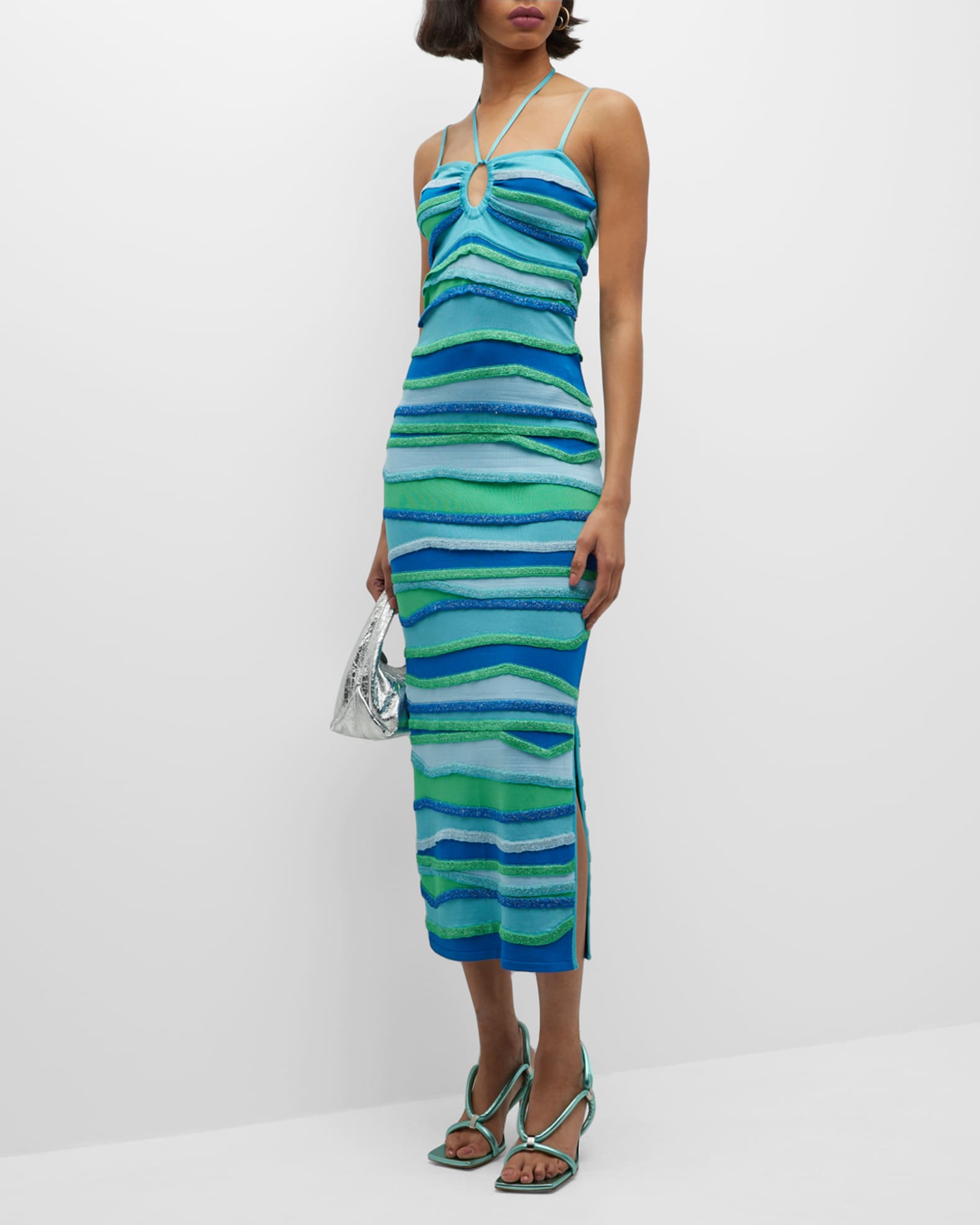 PAOLA BERNARDI Rebecca Strappy Striped Halter Midi Dress | Neiman Marcus