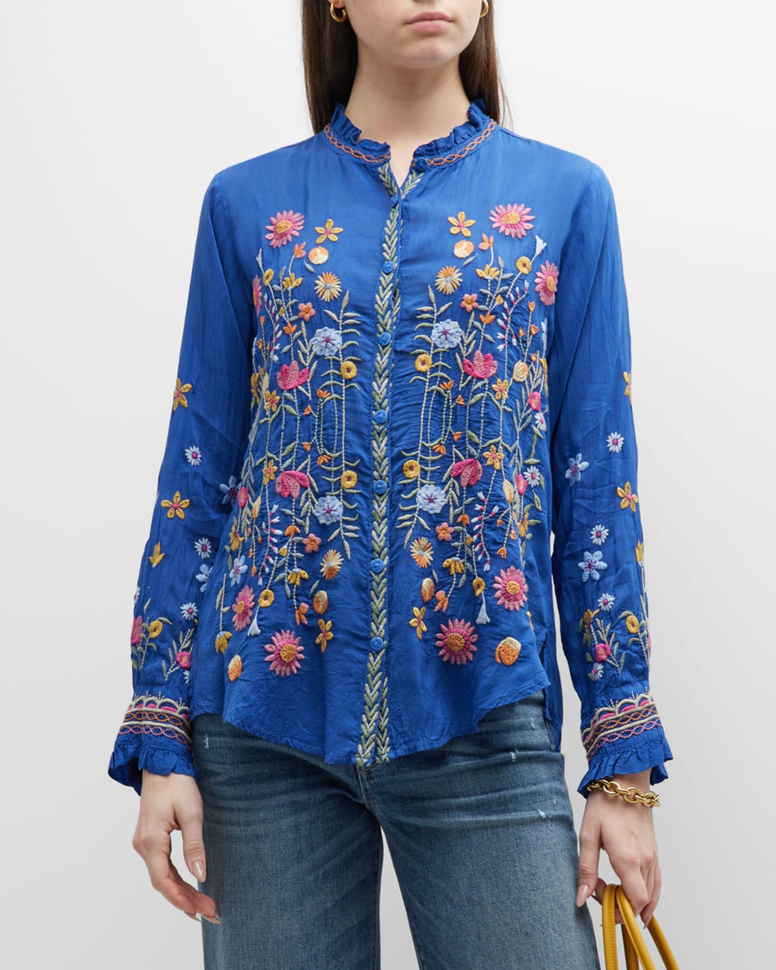 Johnny Was Iolanda FloralEmbroidered ButtonDown Blouse Neiman Marcus