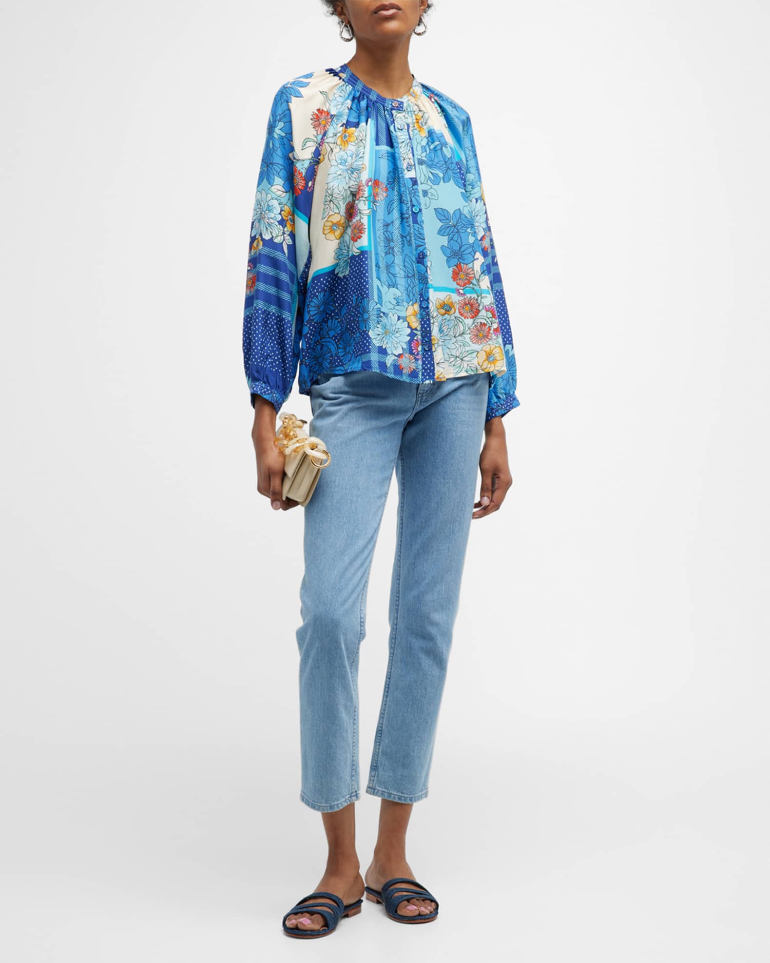 Johnny Was Josy Lynn Floral-Print Silk Blouse | Neiman Marcus