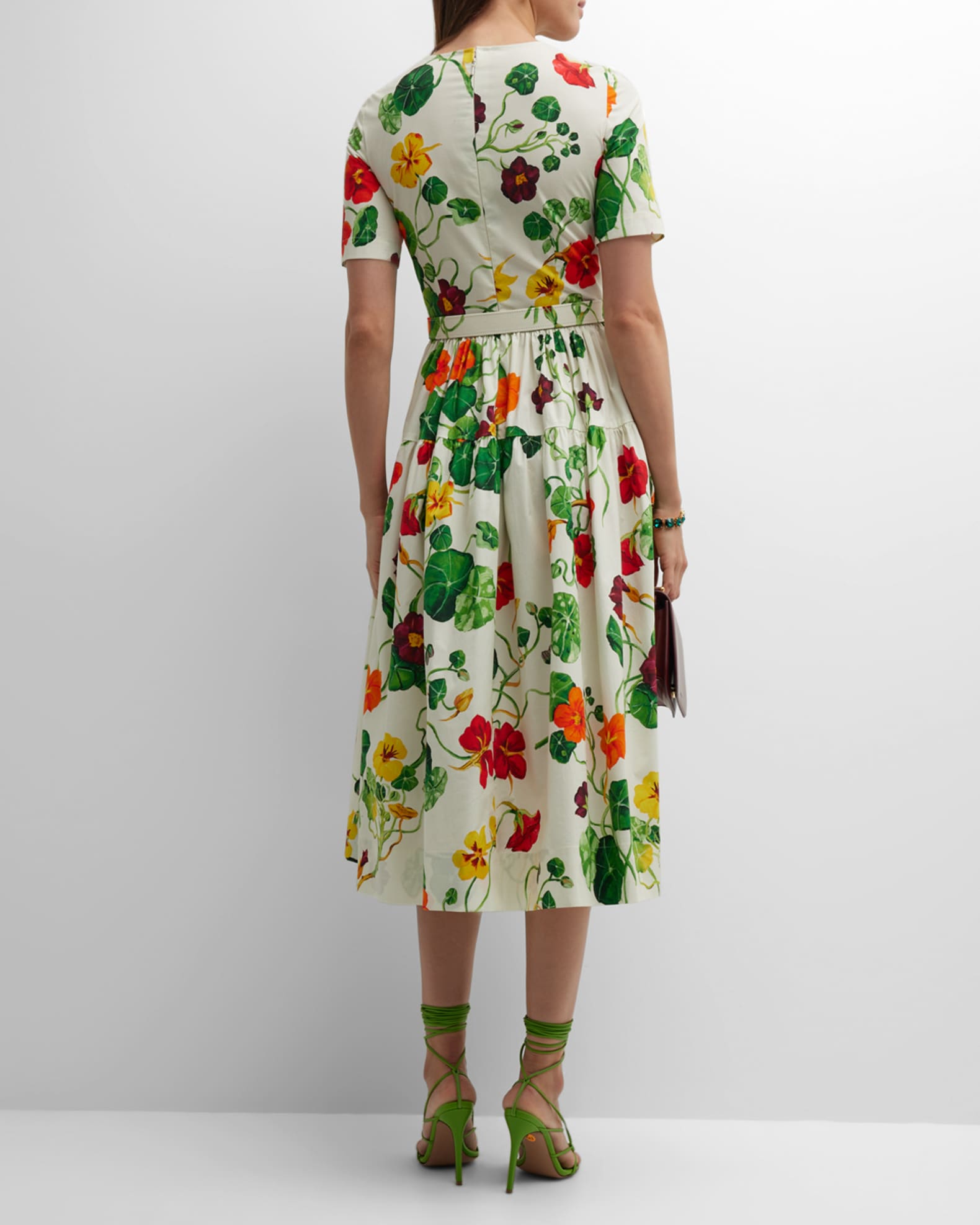 Oscar de la Renta Nasturtium-Print Tiered Short-Sleeve Midi Dress With ...