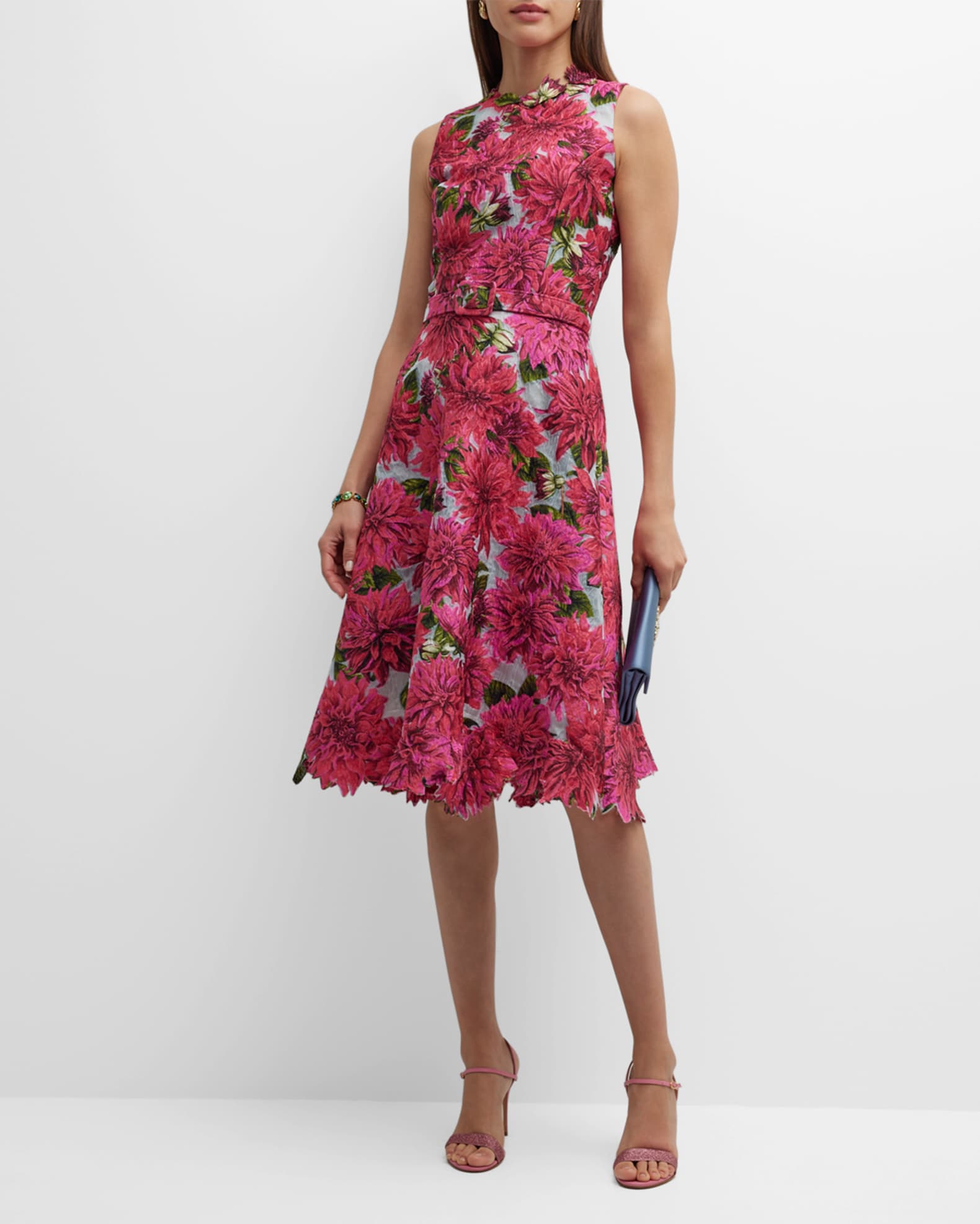 Oscar de la Renta Dahlia Print Belted Coupe Midi Dress with Embroidered ...