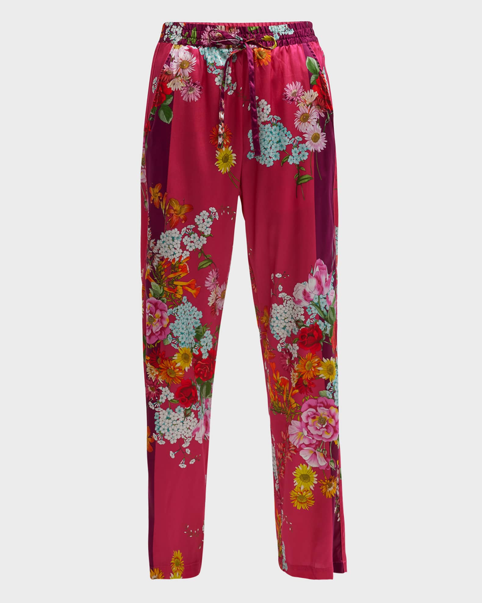 Johnny Was Divine Golden Bouquet Straight-Leg Silk Pull-On Pants