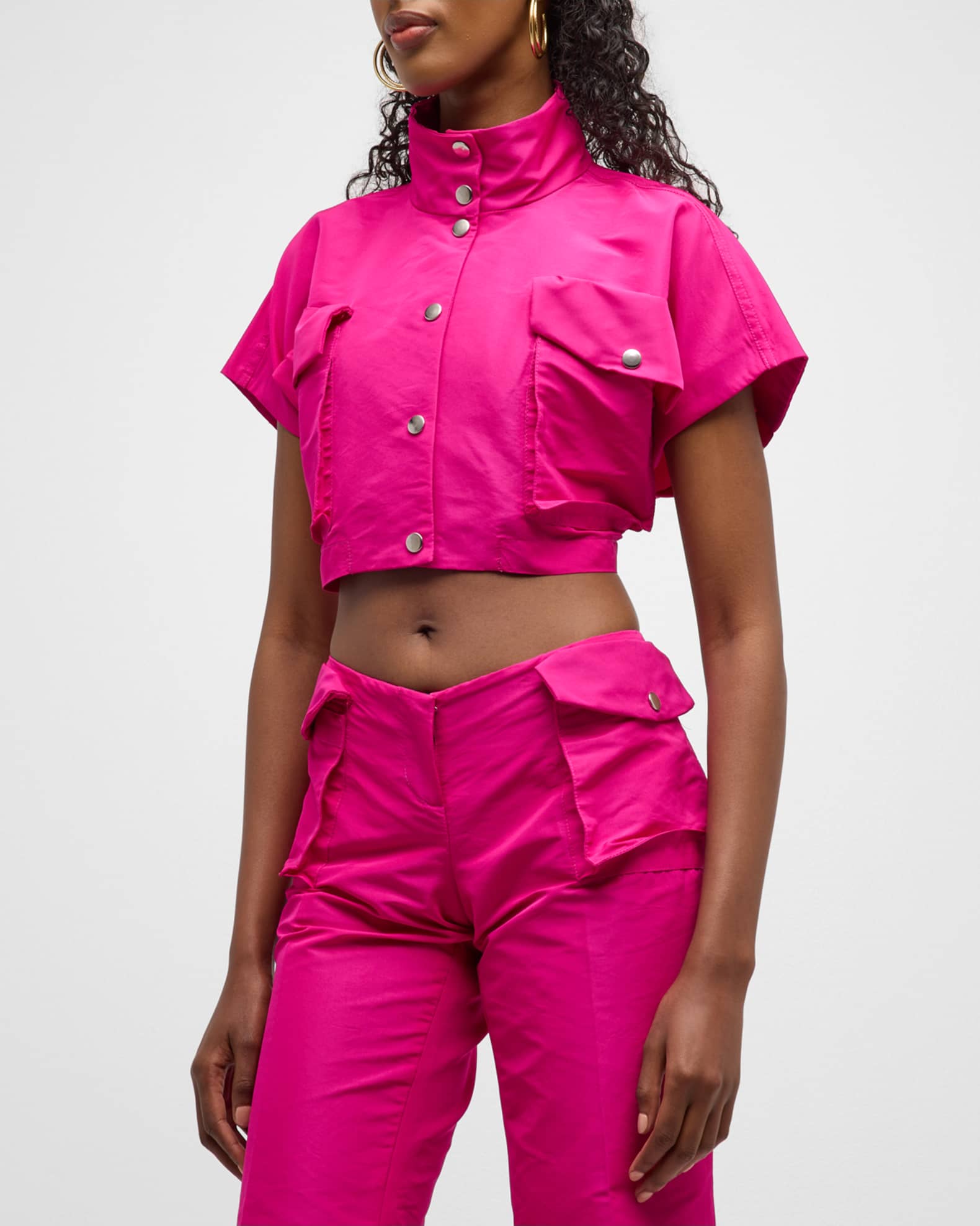 LaQuan Smith Short-Sleeve Utility Cropped Jacket | Neiman Marcus