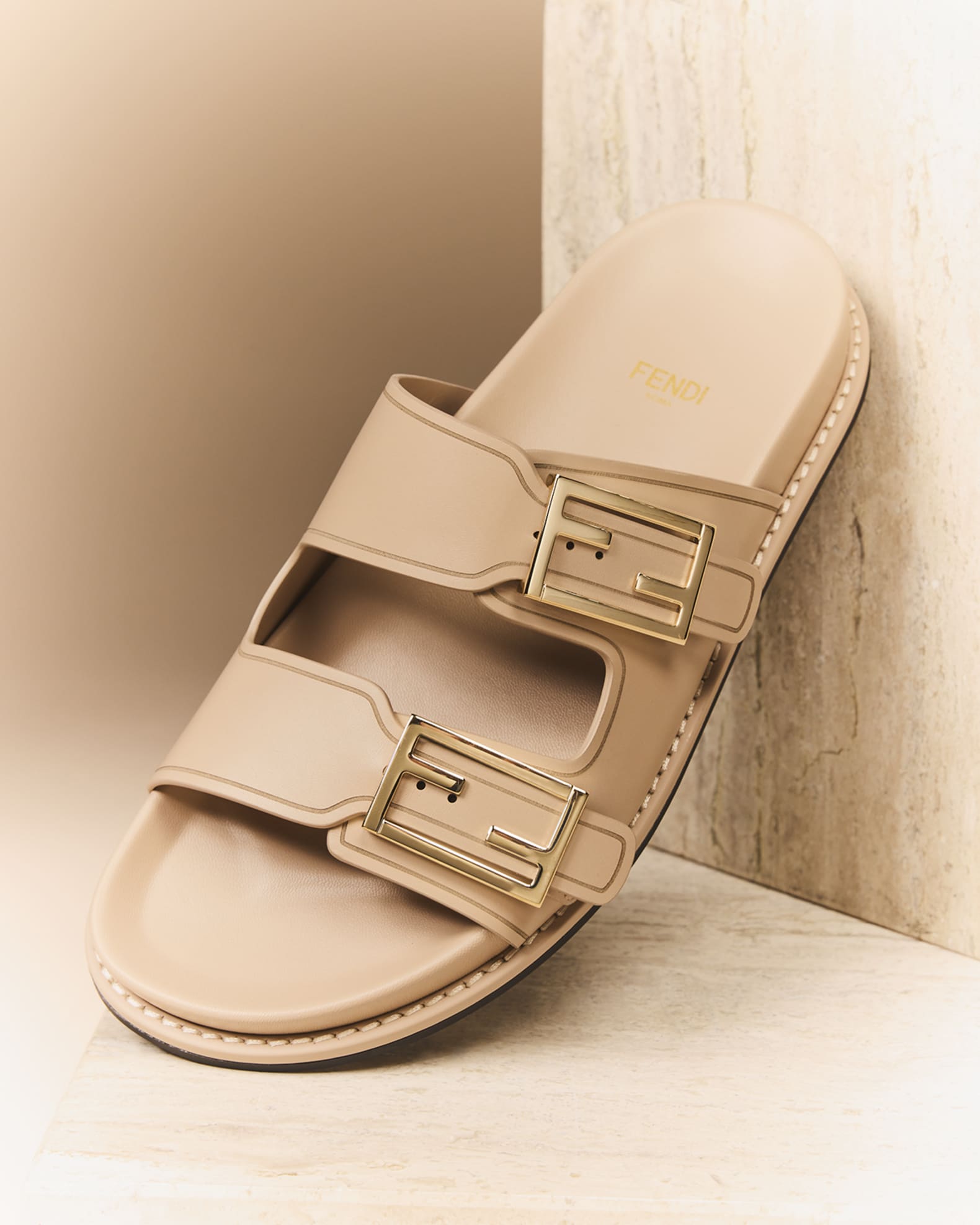 F Buckle Leather Slide Sandals