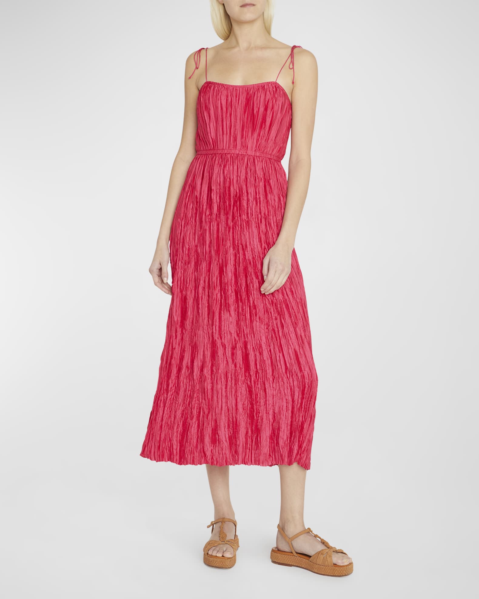 Ulla Johnson Orla Tie-Shoulder Plissé Midi Dress | Neiman Marcus