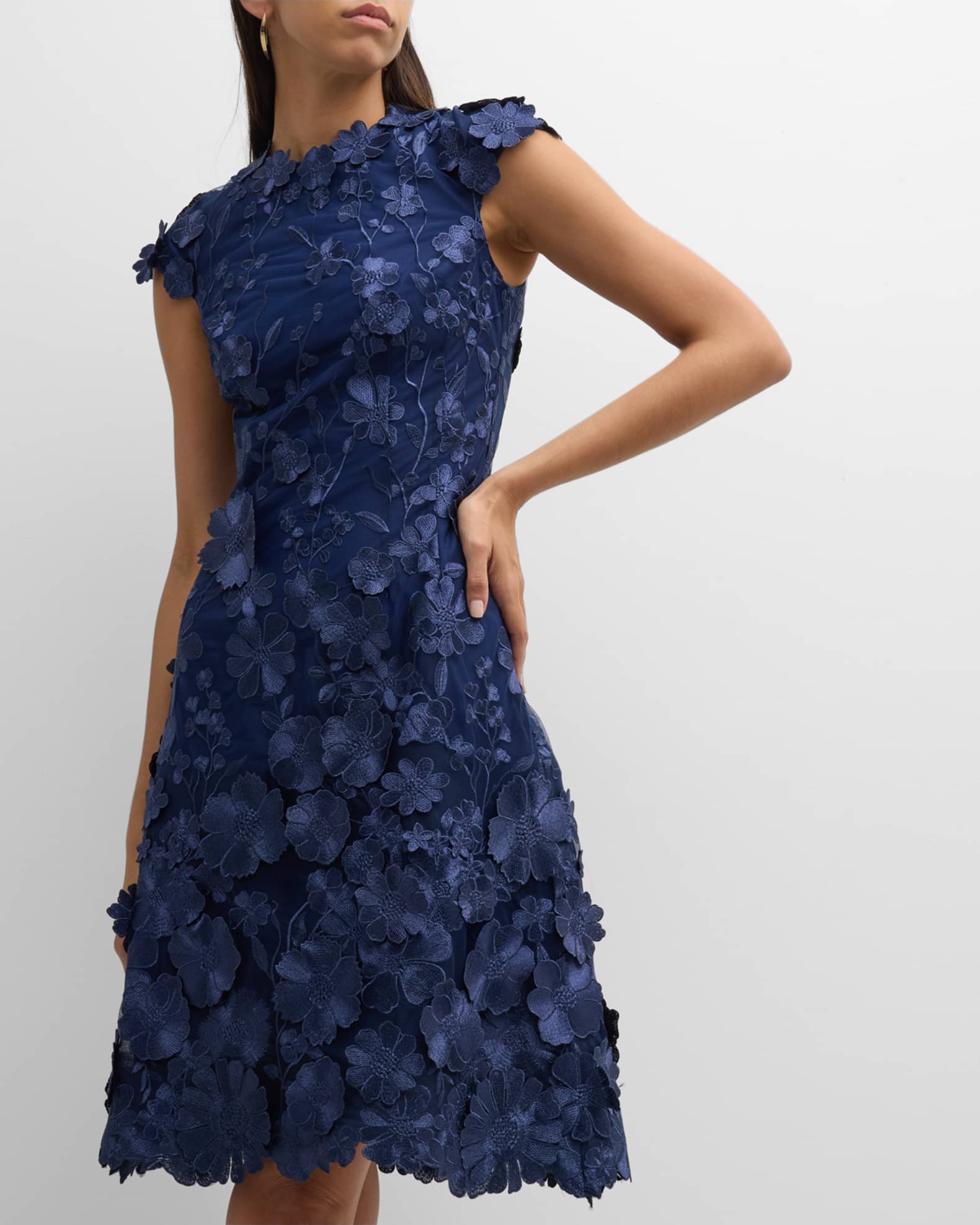 Rickie Freeman for Teri Jon 3D Floral Applique Lace Knee Length