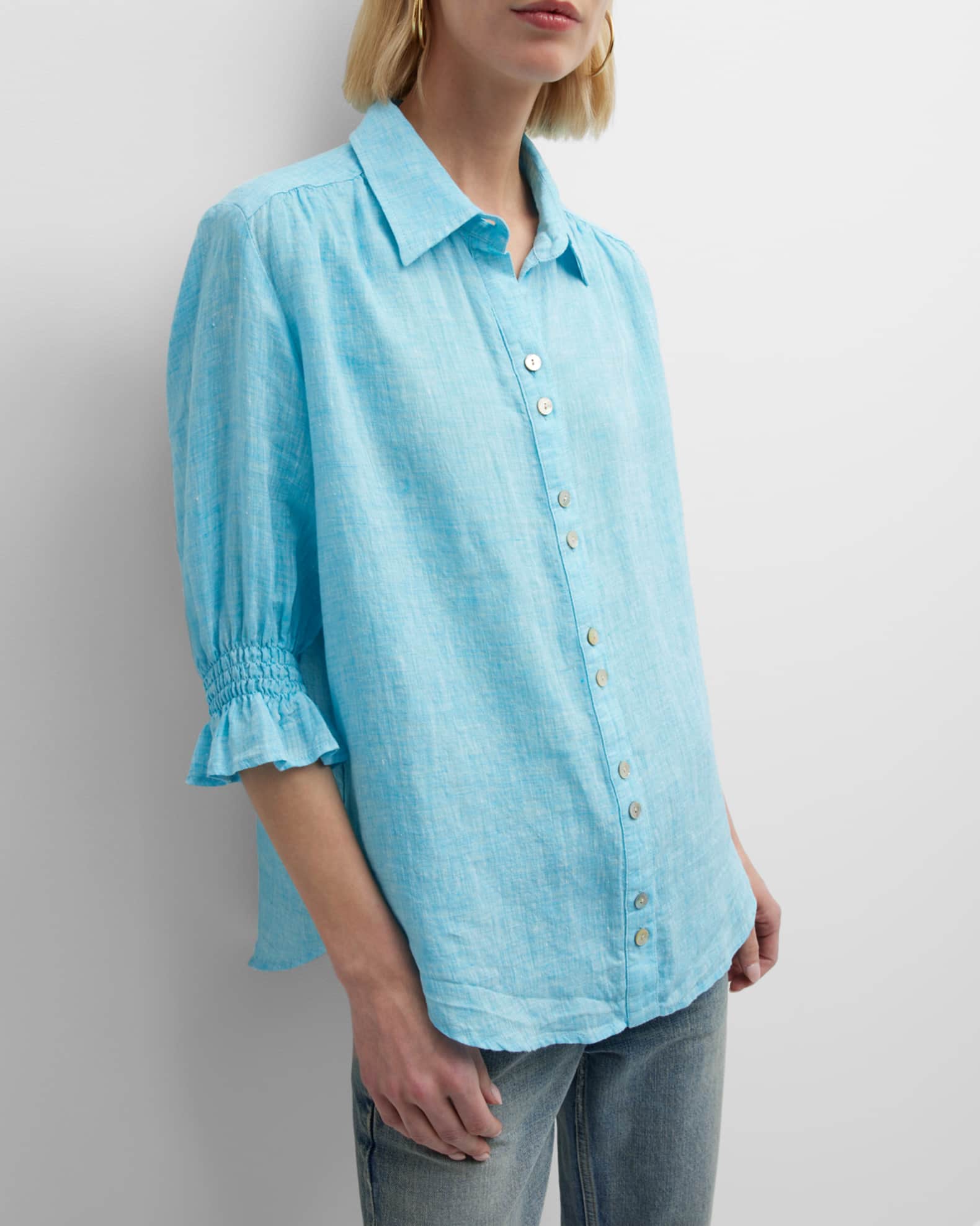 Finley Sirena 3/4-Sleeve Button-Down Linen Shirt | Neiman Marcus