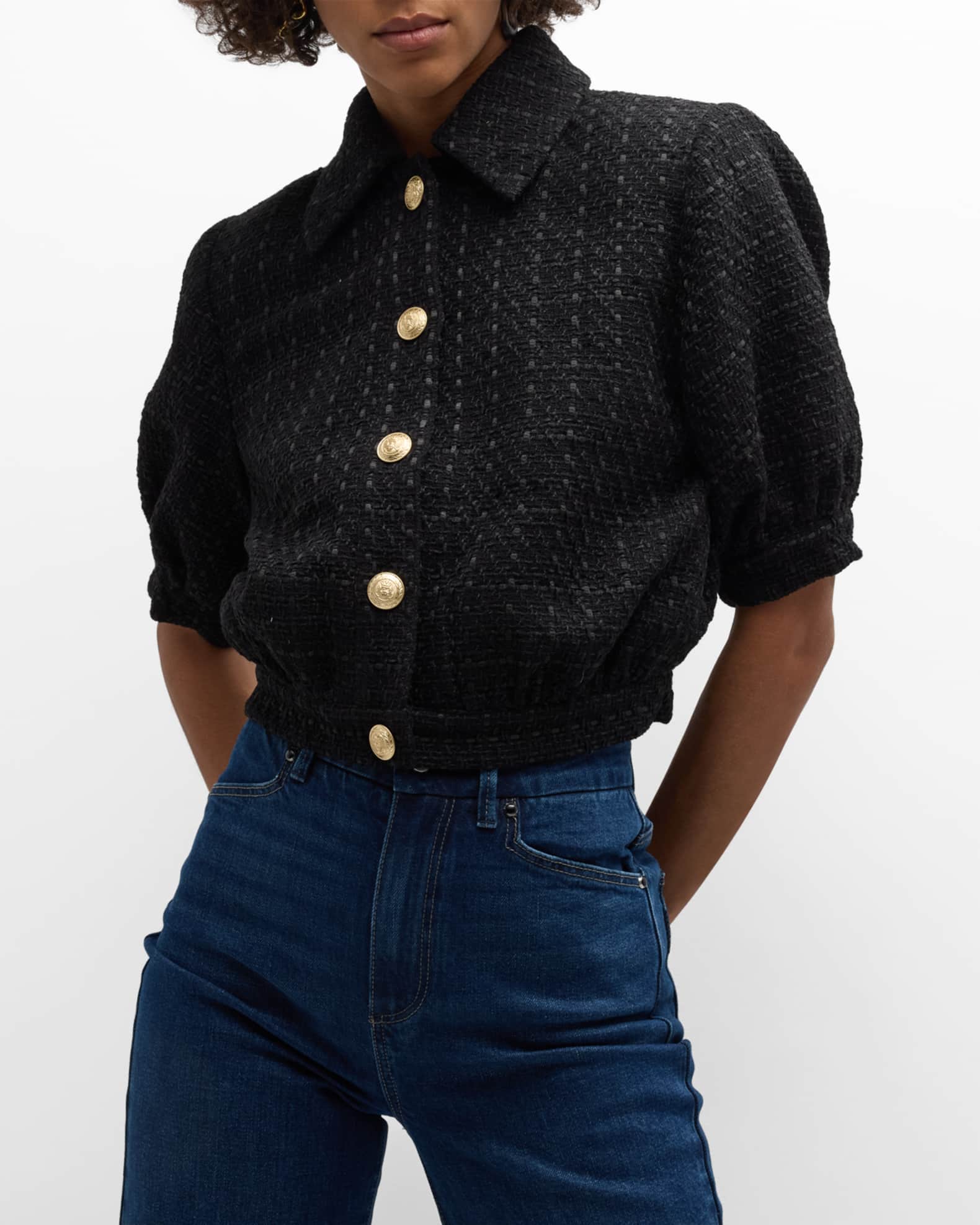 L'Agence Cove Cropped Short-Sleeve Tweed Jacket | Neiman Marcus