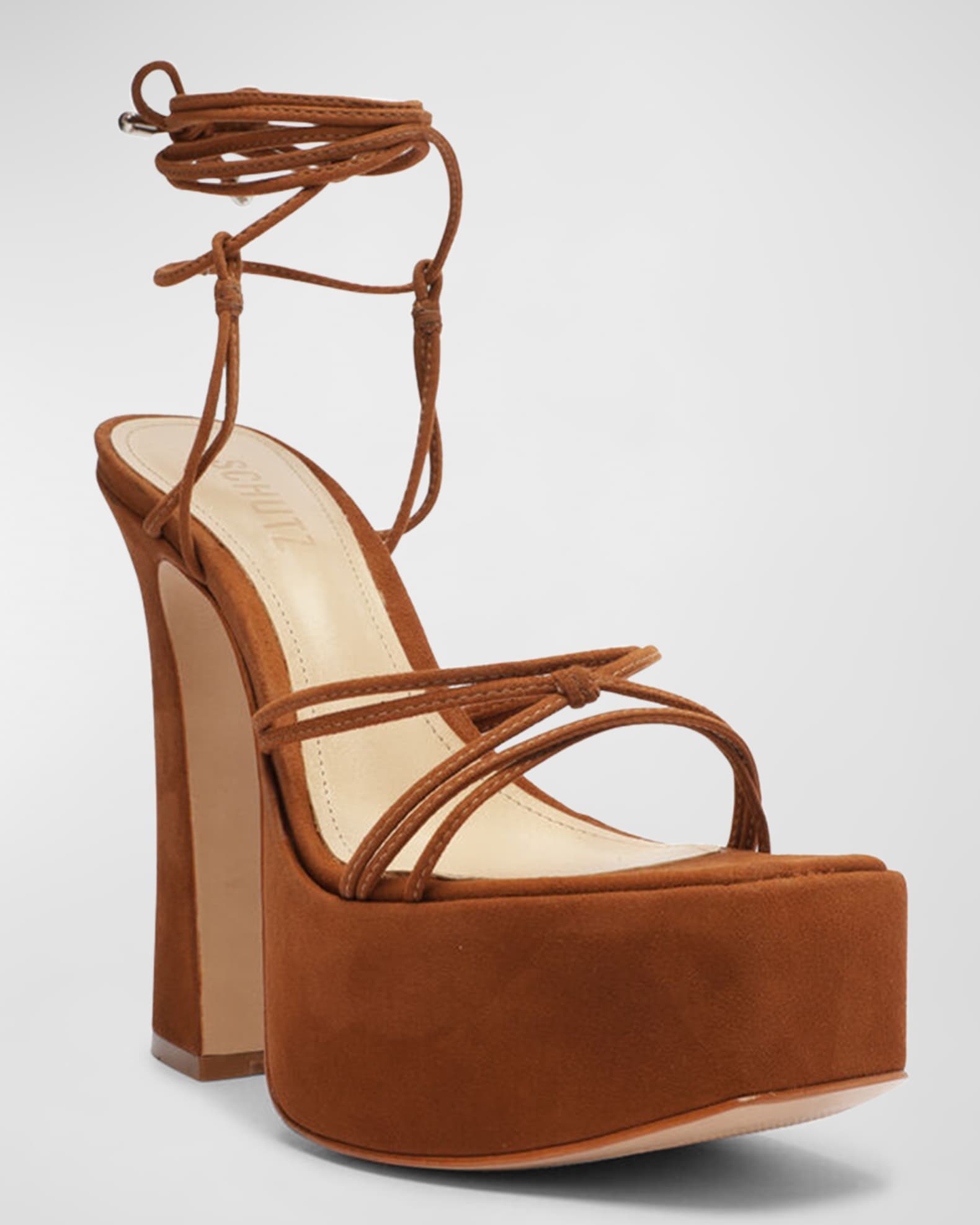 Schutz Athena Suede Ankle-Tie Platform Sandals | Neiman Marcus