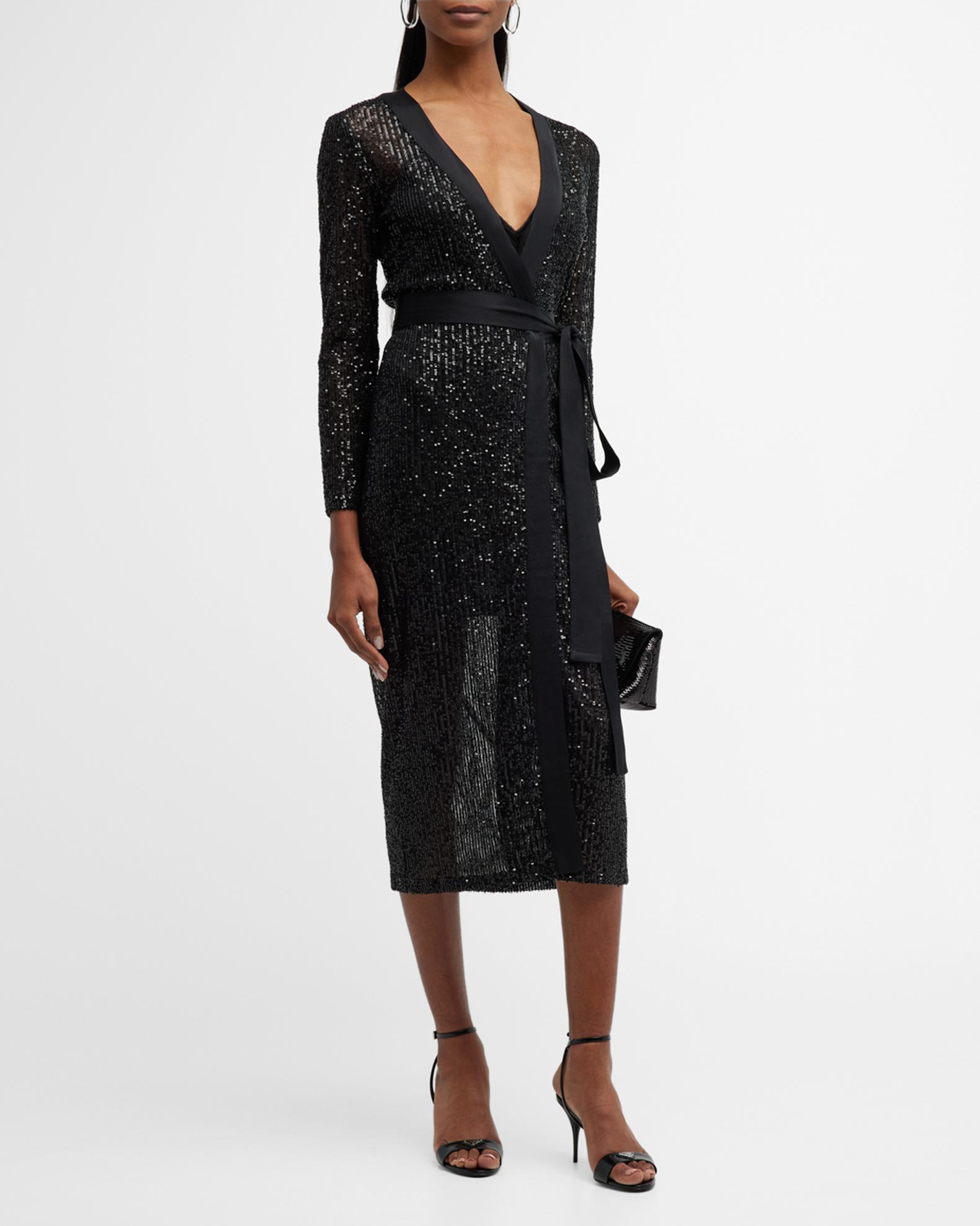 LACE The Label Sequin Tuxedo Midi Wrap Dress | Neiman Marcus