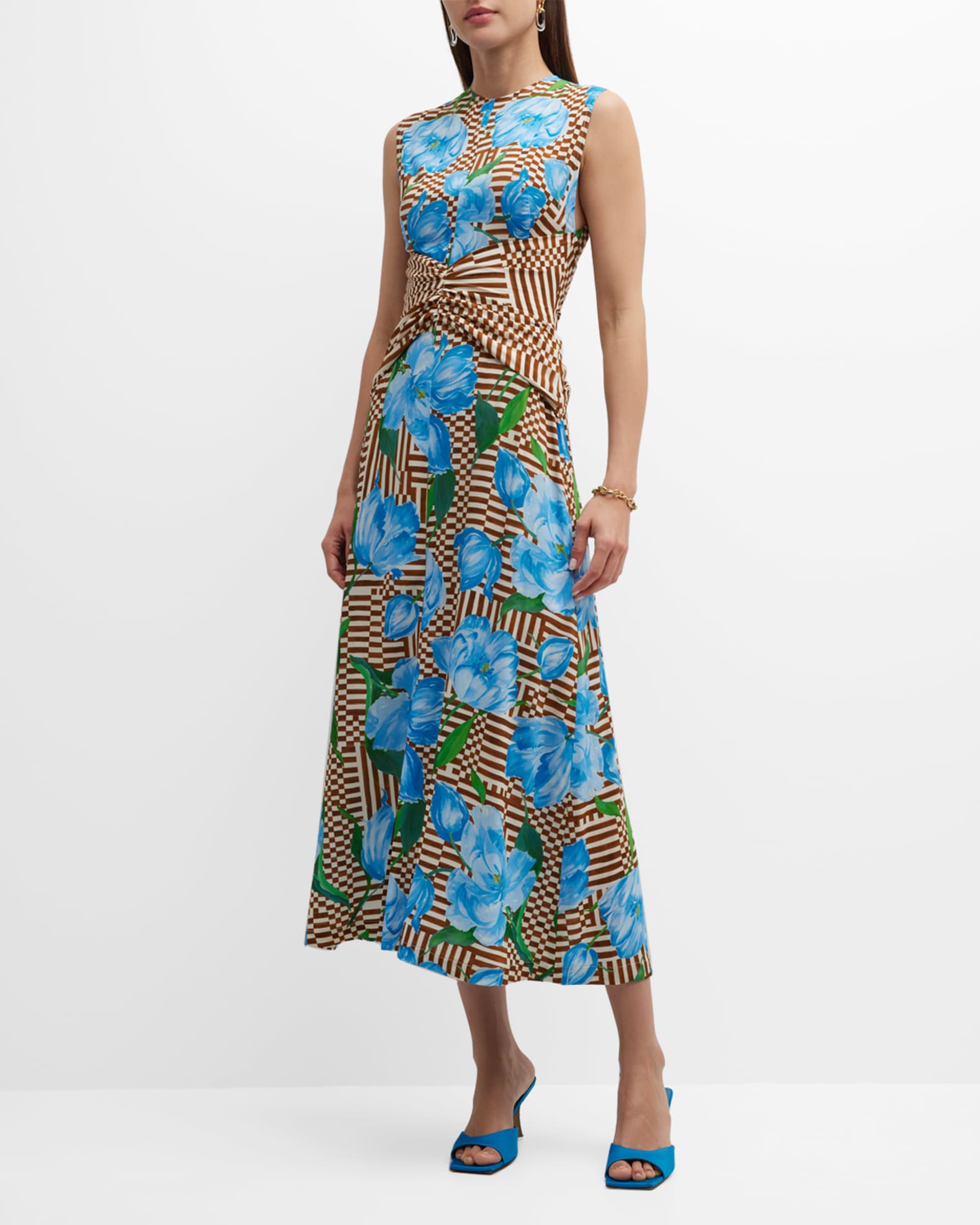 Lela Rose Check Floral-Print Sleeveless Ruched Midi Dress | Neiman Marcus