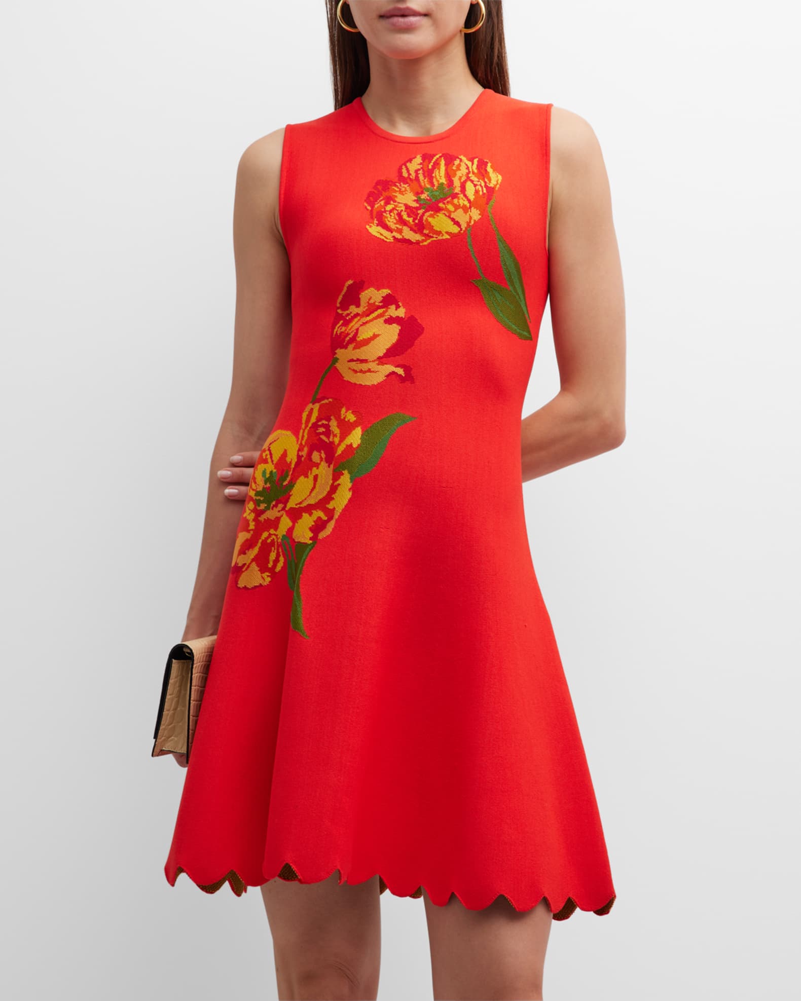 Lela Rose Scalloped Mini Dress with Floral Detail Neiman Marcus