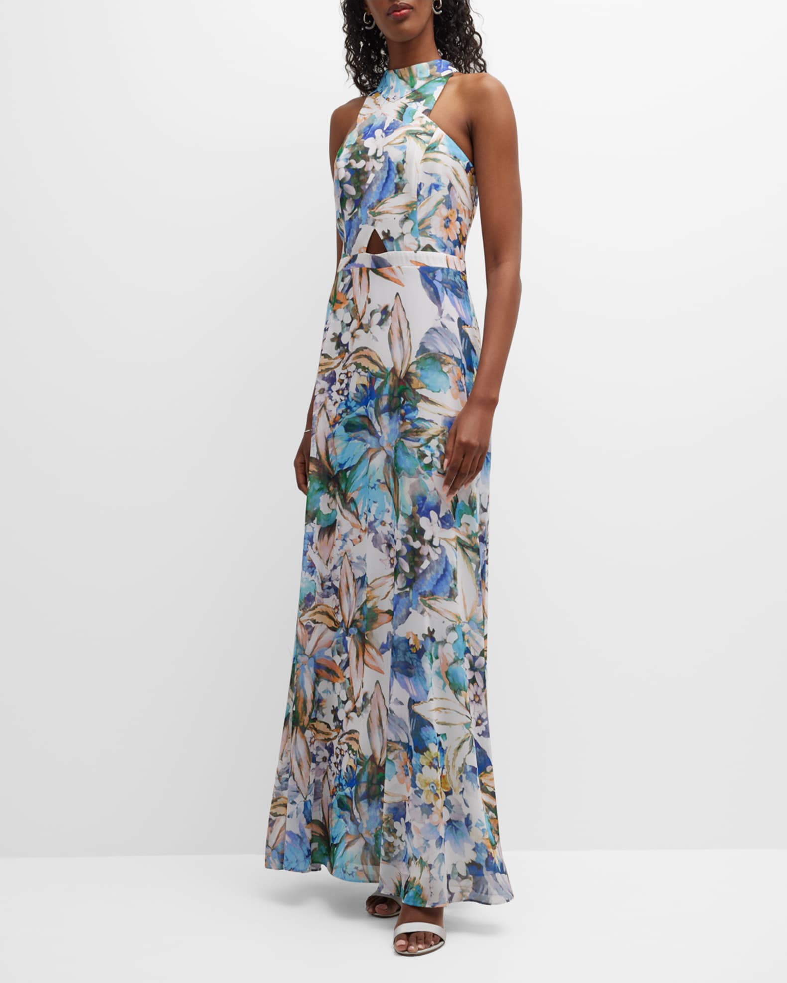 Liv Foster Floral-Print Cutout Halter Gown | Neiman Marcus