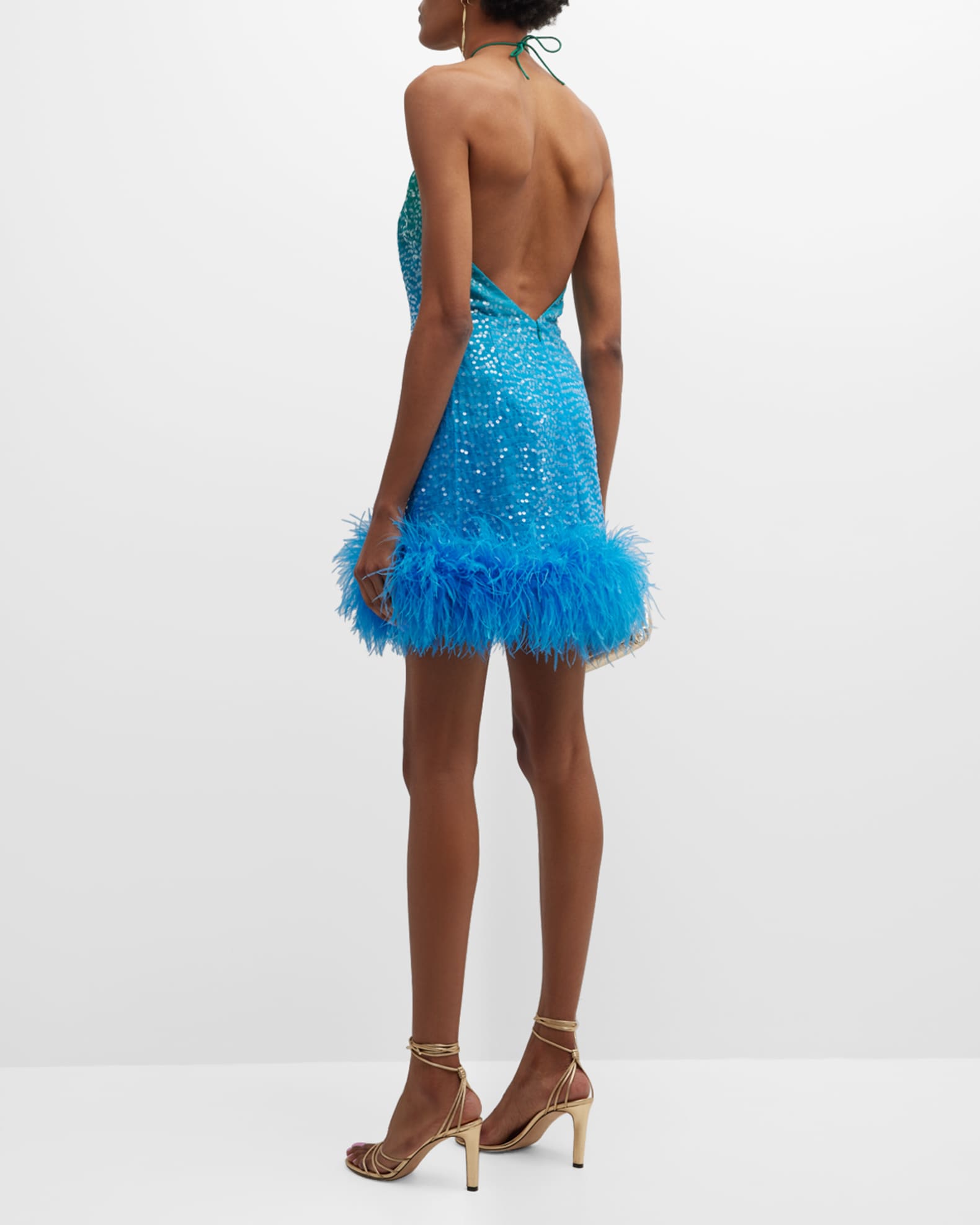 Sau Lee Jewel Sequin Ombré Halter Feather-Hem Mini Dress | Neiman Marcus