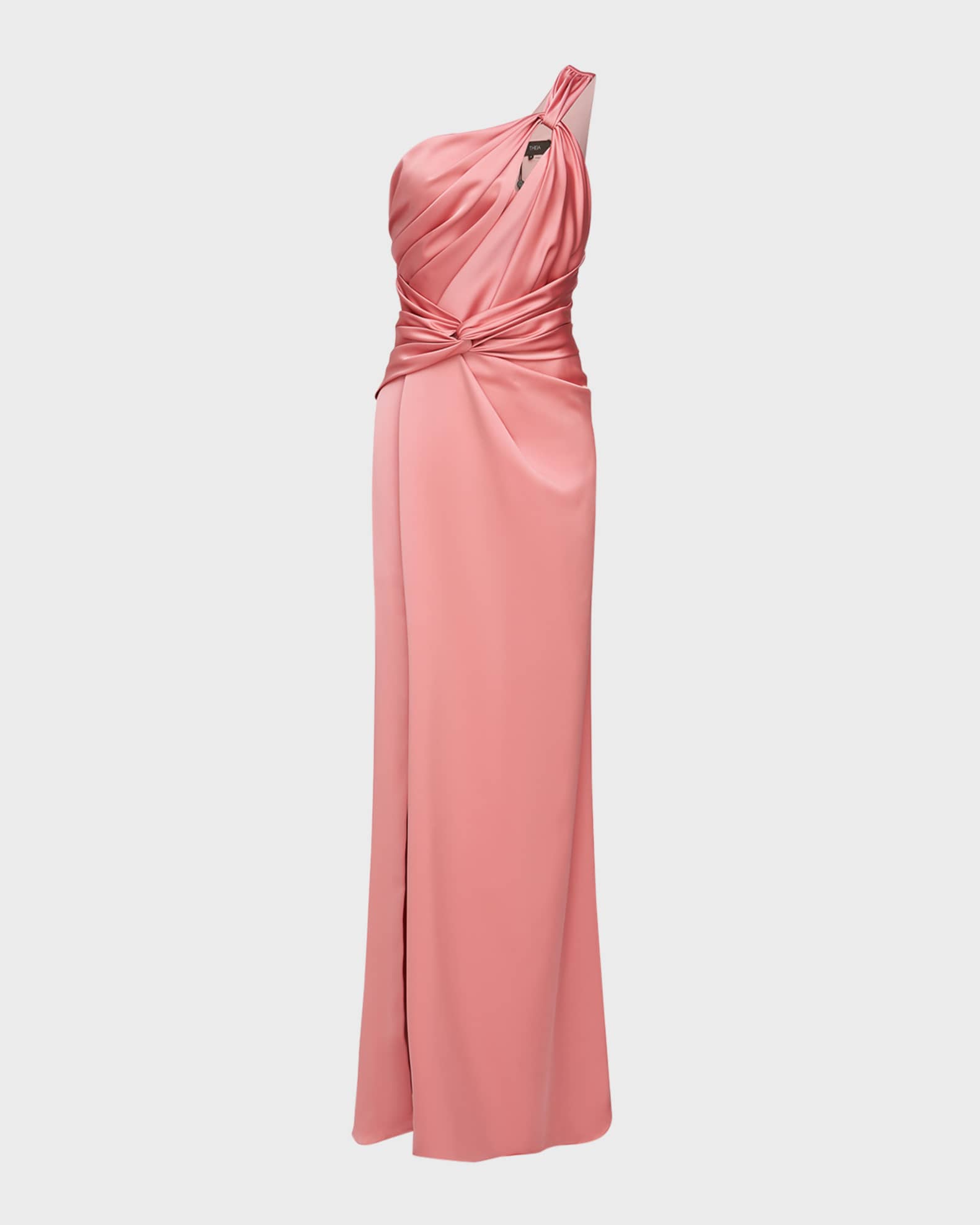 Theia Gloria Pleated Twist Front One Shoulder Gown Sugar Coral