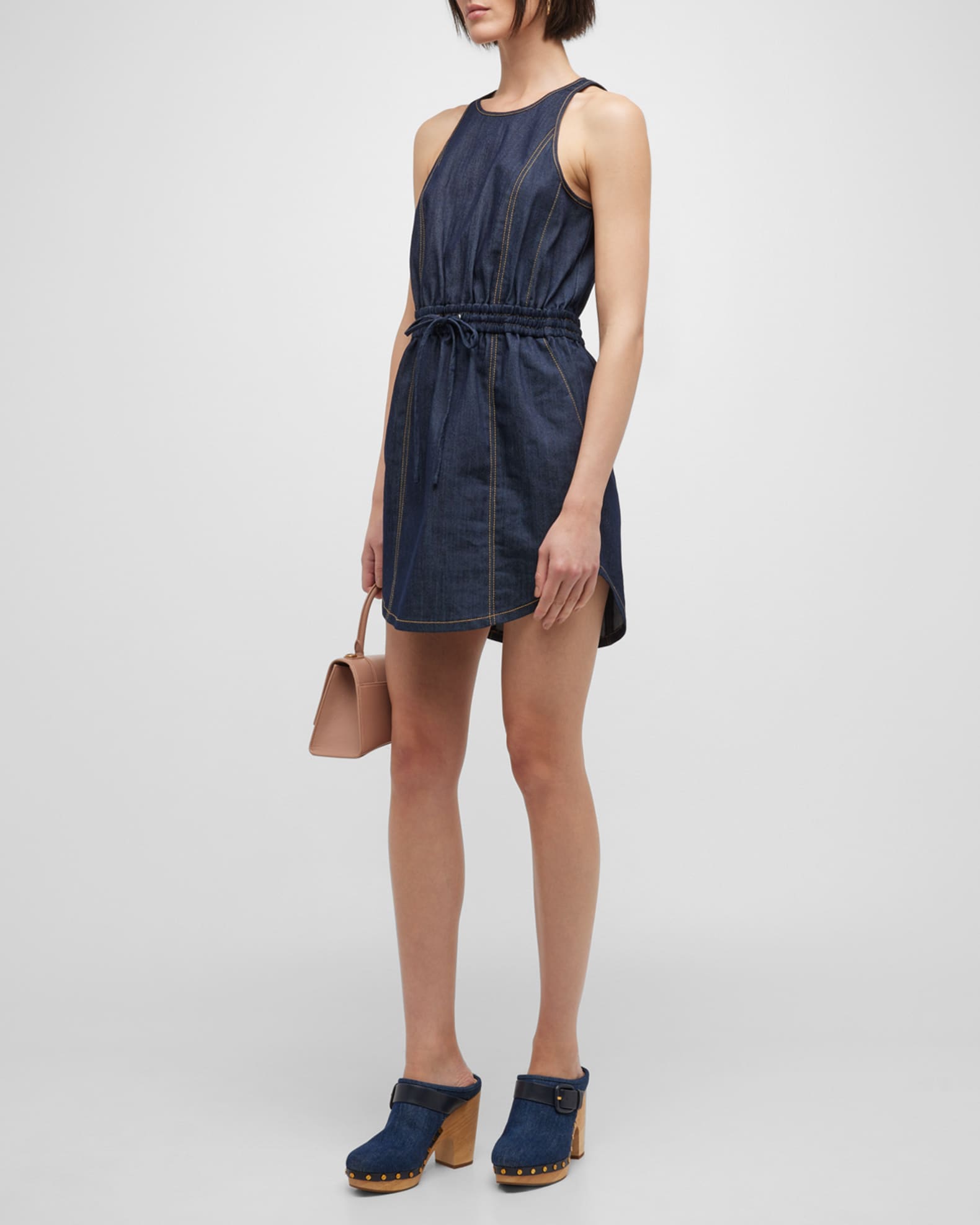 Cinq a Sept Ruba Shirred-Waist Sleeveless Denim Mini Dress | Neiman Marcus