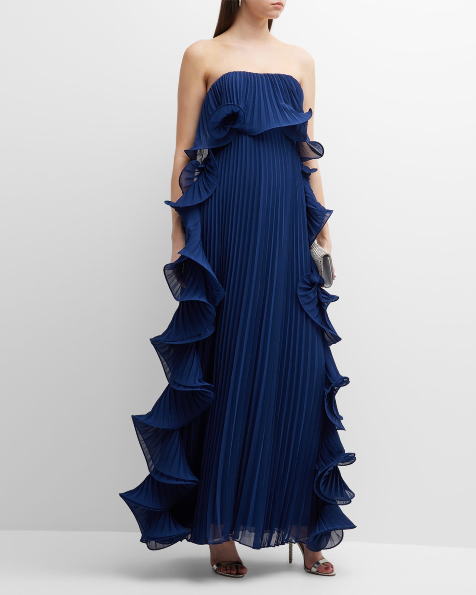 Badgley Mischka Collection Strapless Pleated Ruffle Gown Neiman Marcus