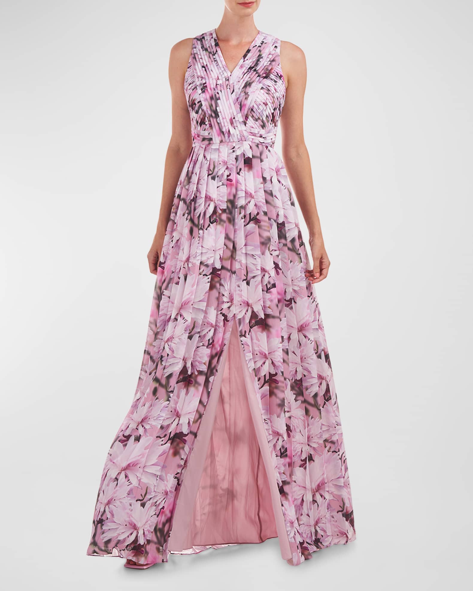 Kay Unger New York Sleeveless Pleated Floral-Print Chiffon Gown ...