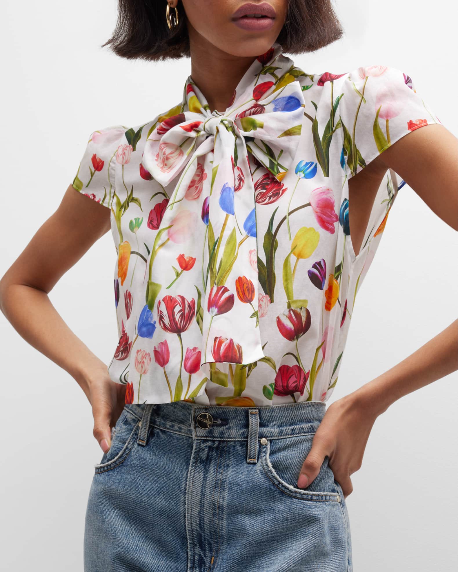 Alice + Olivia Jeannie Bow-Collar Button-Front Blouse | Neiman Marcus