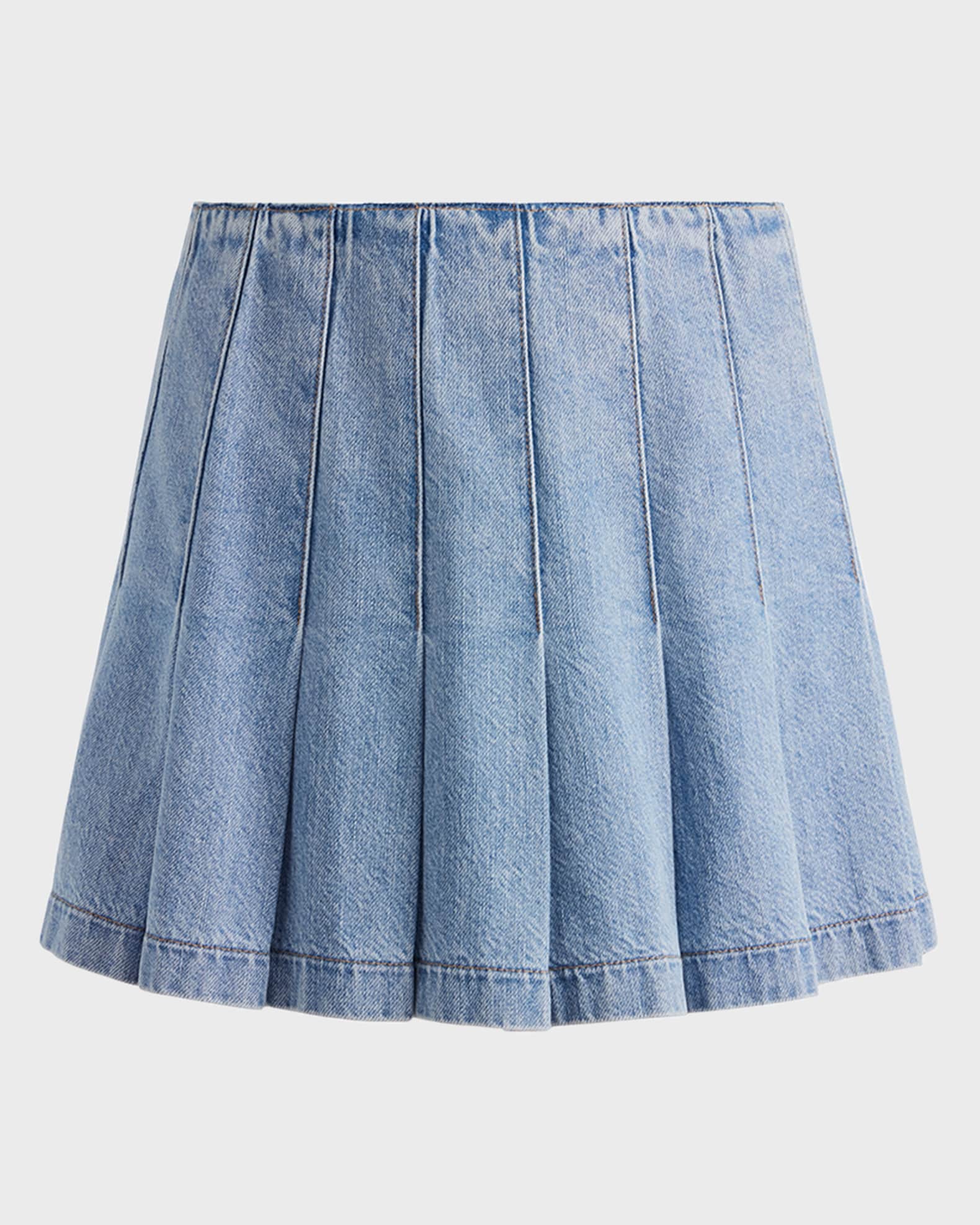 Alice + Olivia Carter Pleated Denim Mini Skirt | Neiman Marcus