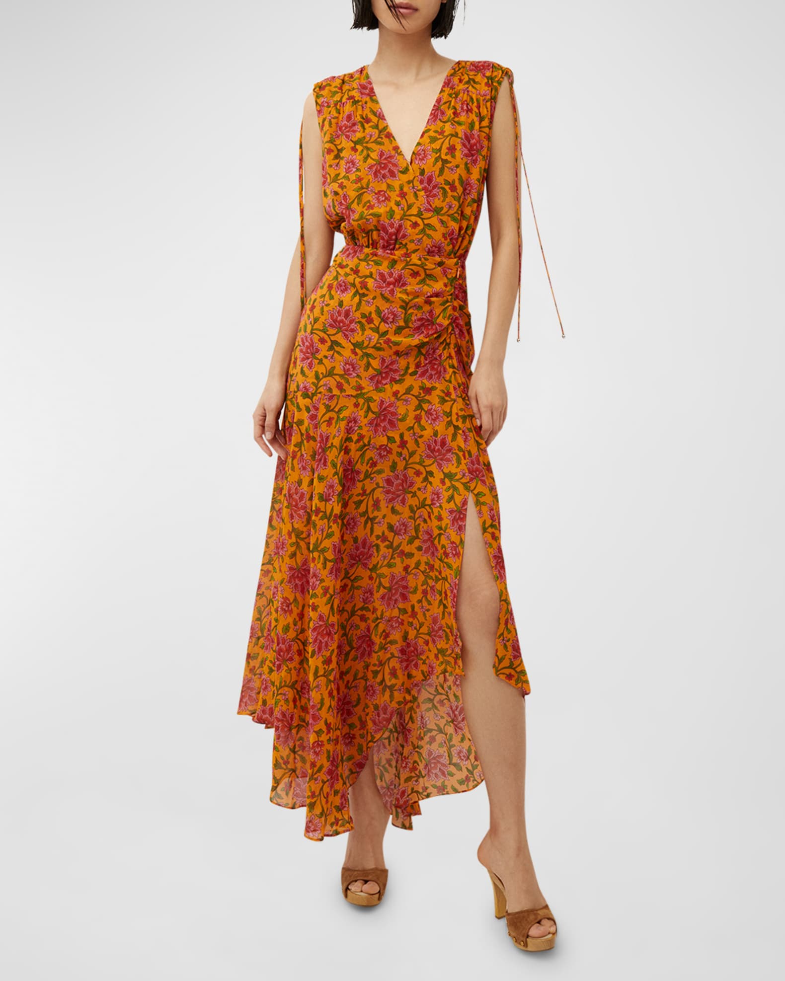Veronica Beard Dovima Floral V Neck Gathered Maxi Dress Neiman
