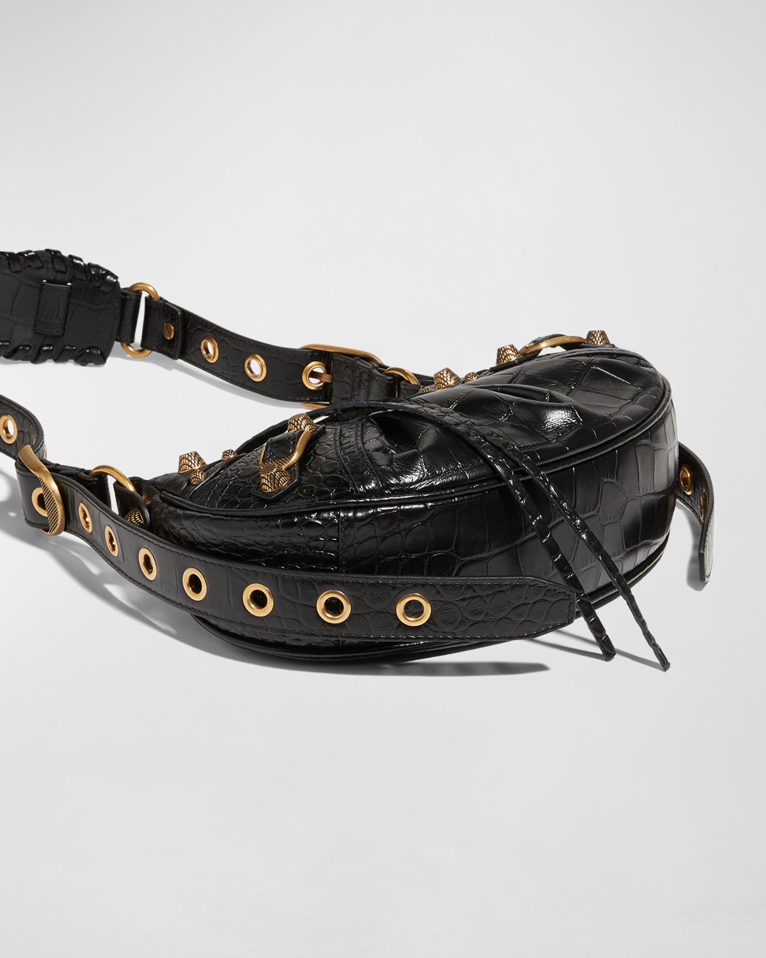 Le Cagole Xs Shoulder Bag in Black Crocodile Embossed With Rhinestones