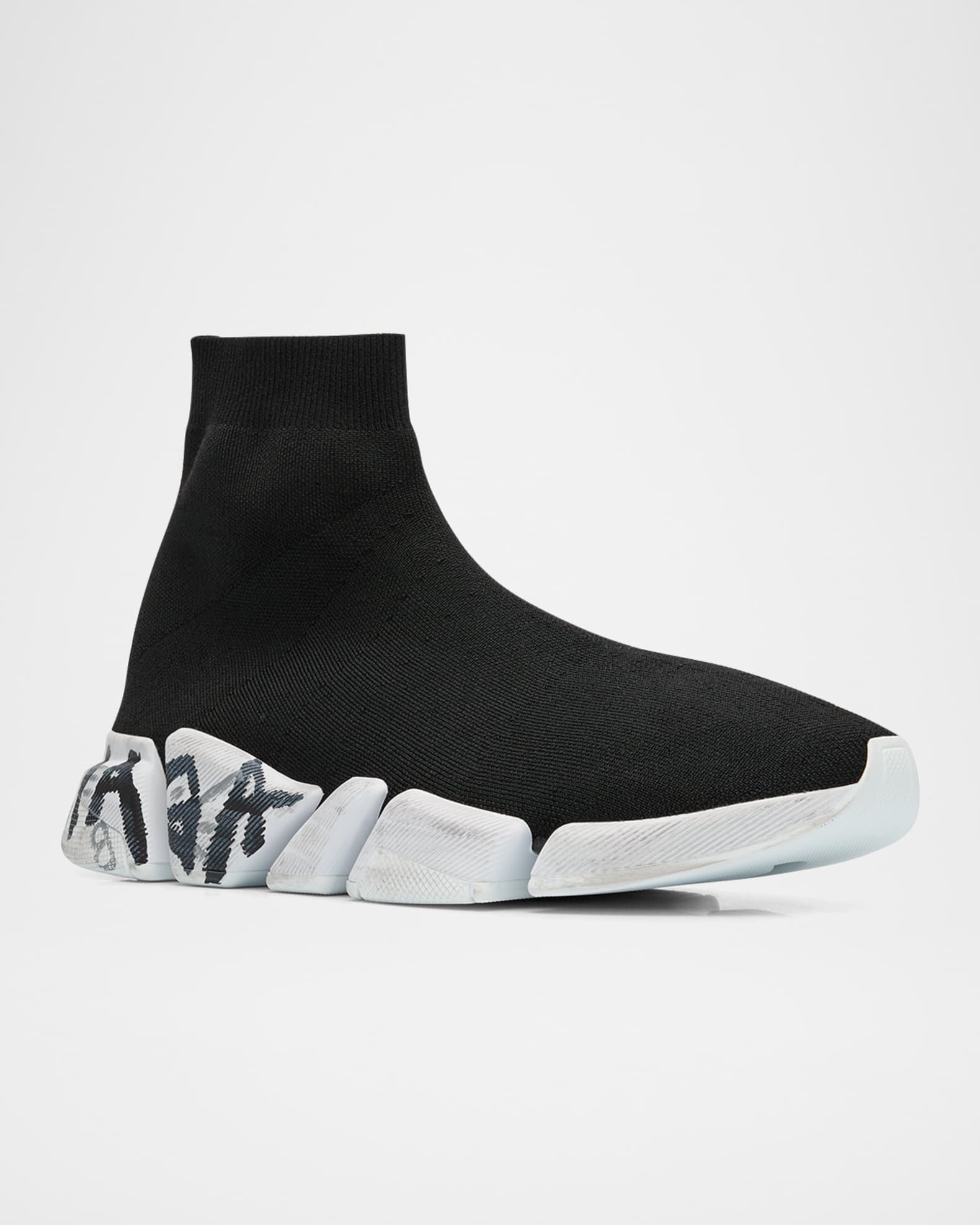 Balenciaga Men's Speed 2.0 Lt Graffiti Logo Knit Sneakers | Neiman