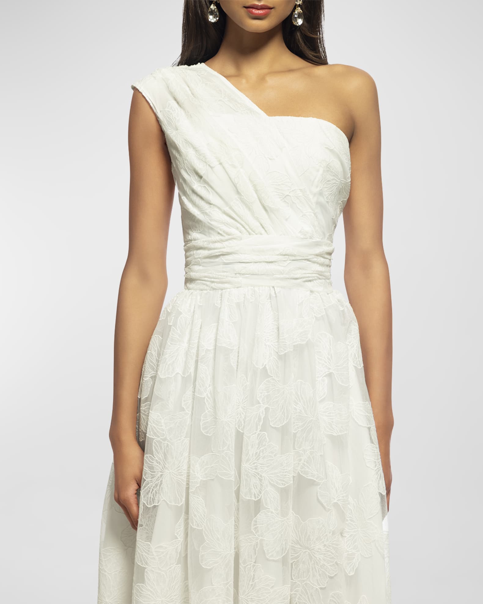 Shoshanna One-Shoulder Floral Lace Mesh Midi Dress | Neiman Marcus