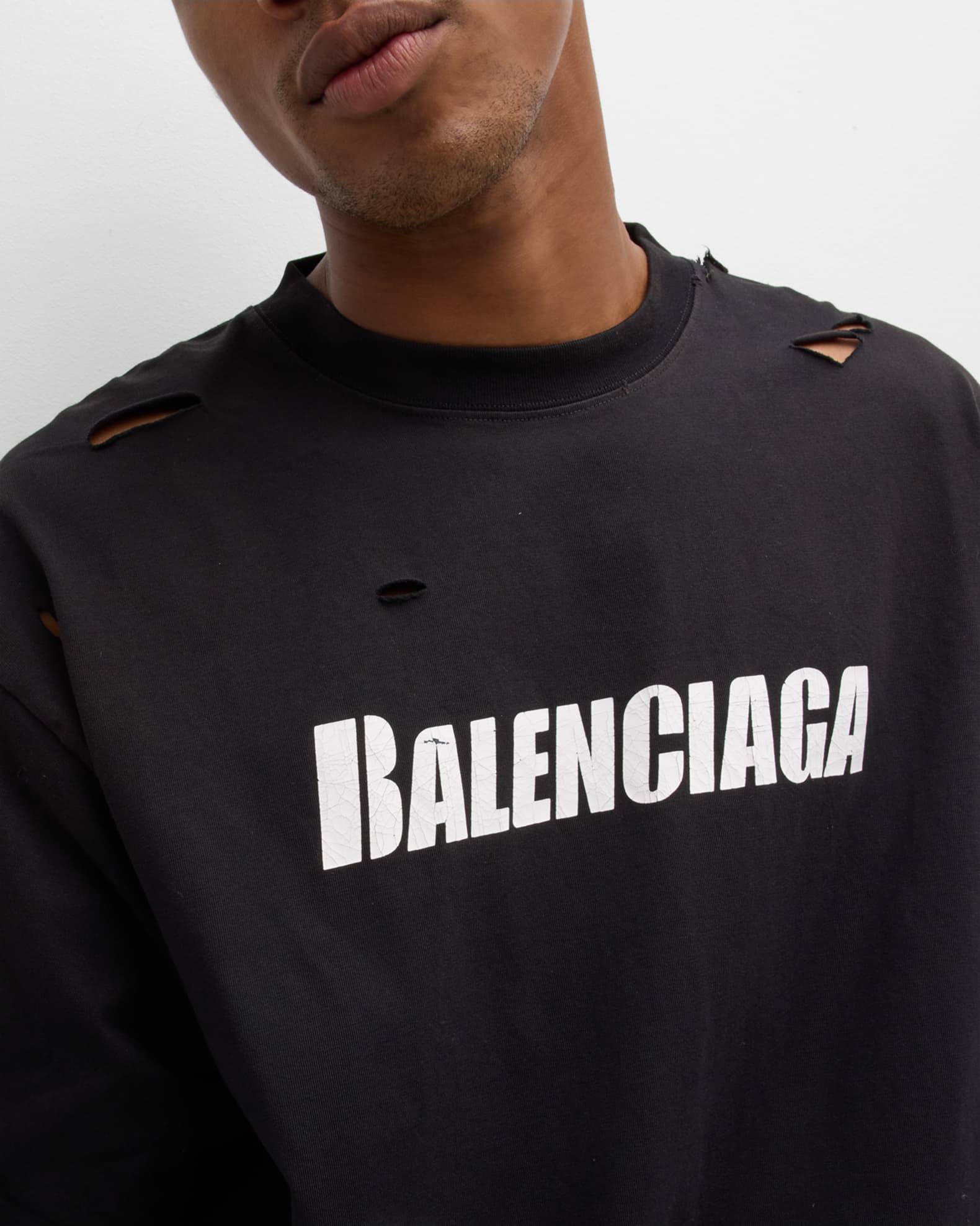 Balenciaga Men's Boxy Destroyed Logo T-Shirt | Neiman Marcus