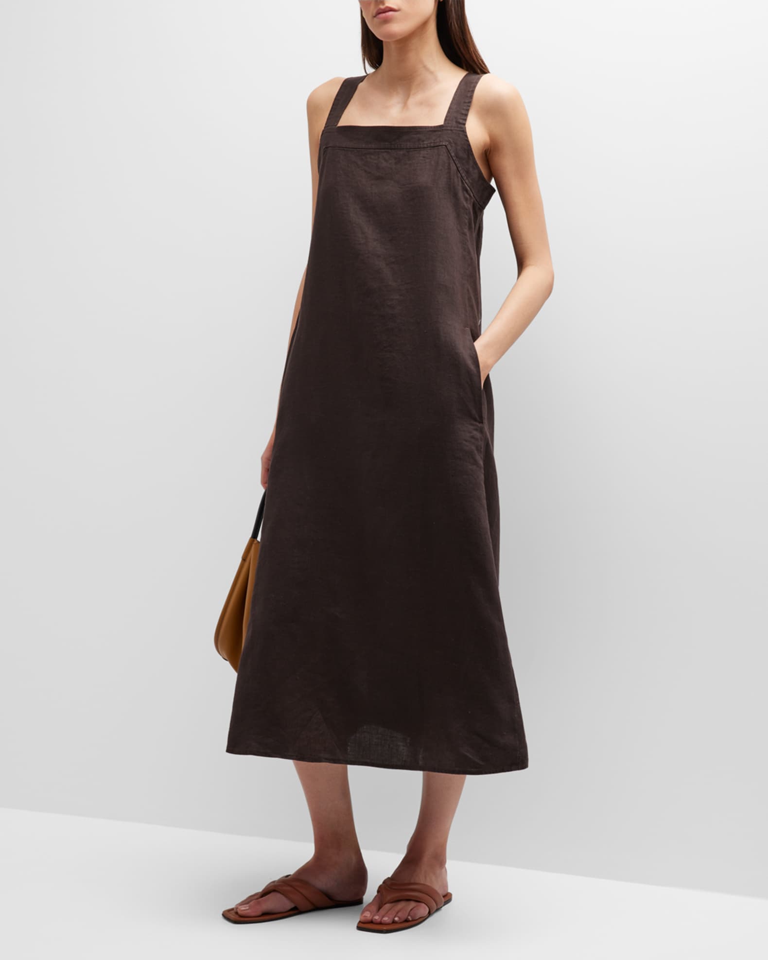 Eileen Fisher Square-Neck A-Line Organic Linen Midi Dress | Neiman Marcus