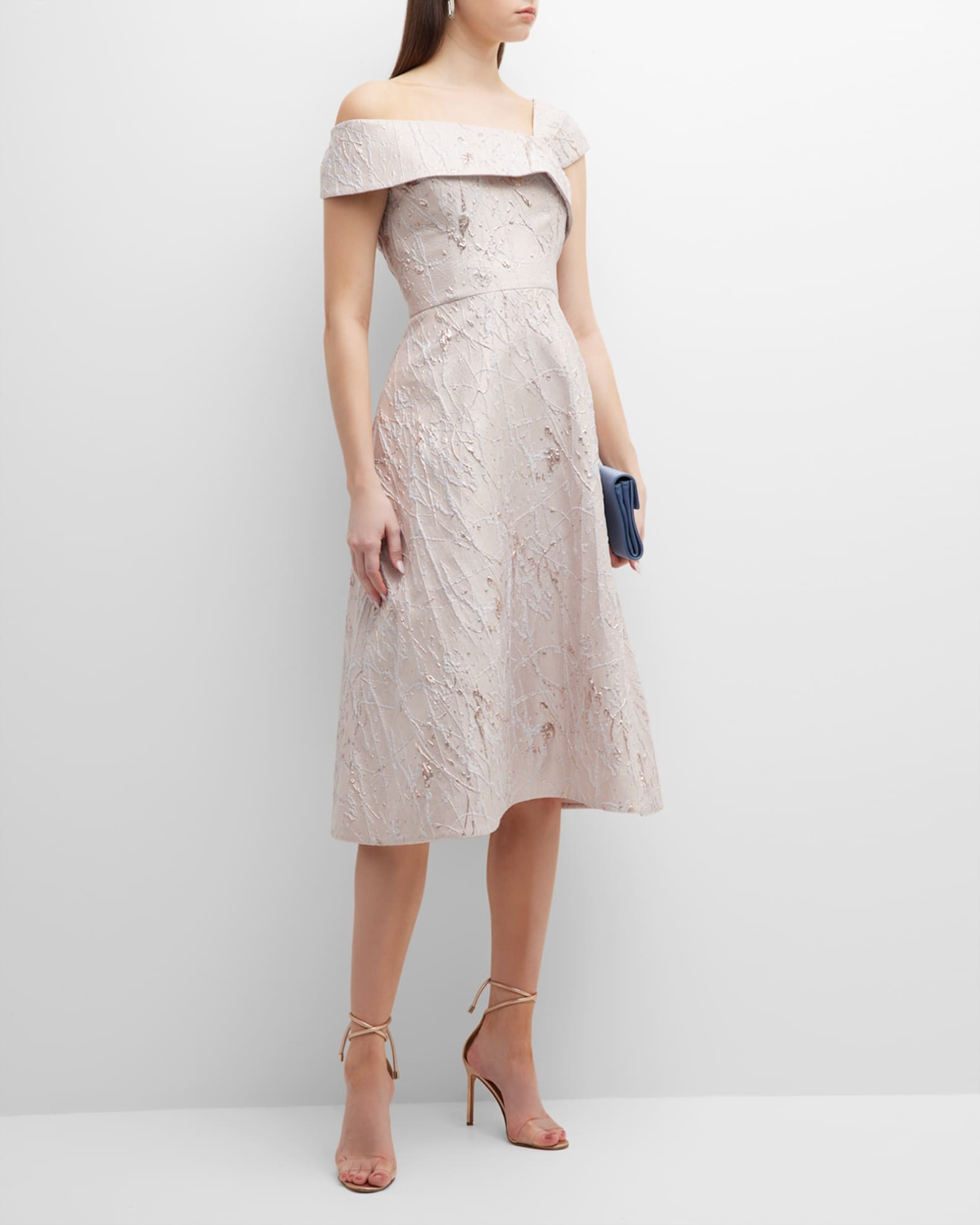 Rickie Freeman for Teri Jon Asymmetric Metallic Jacquard Midi Dress