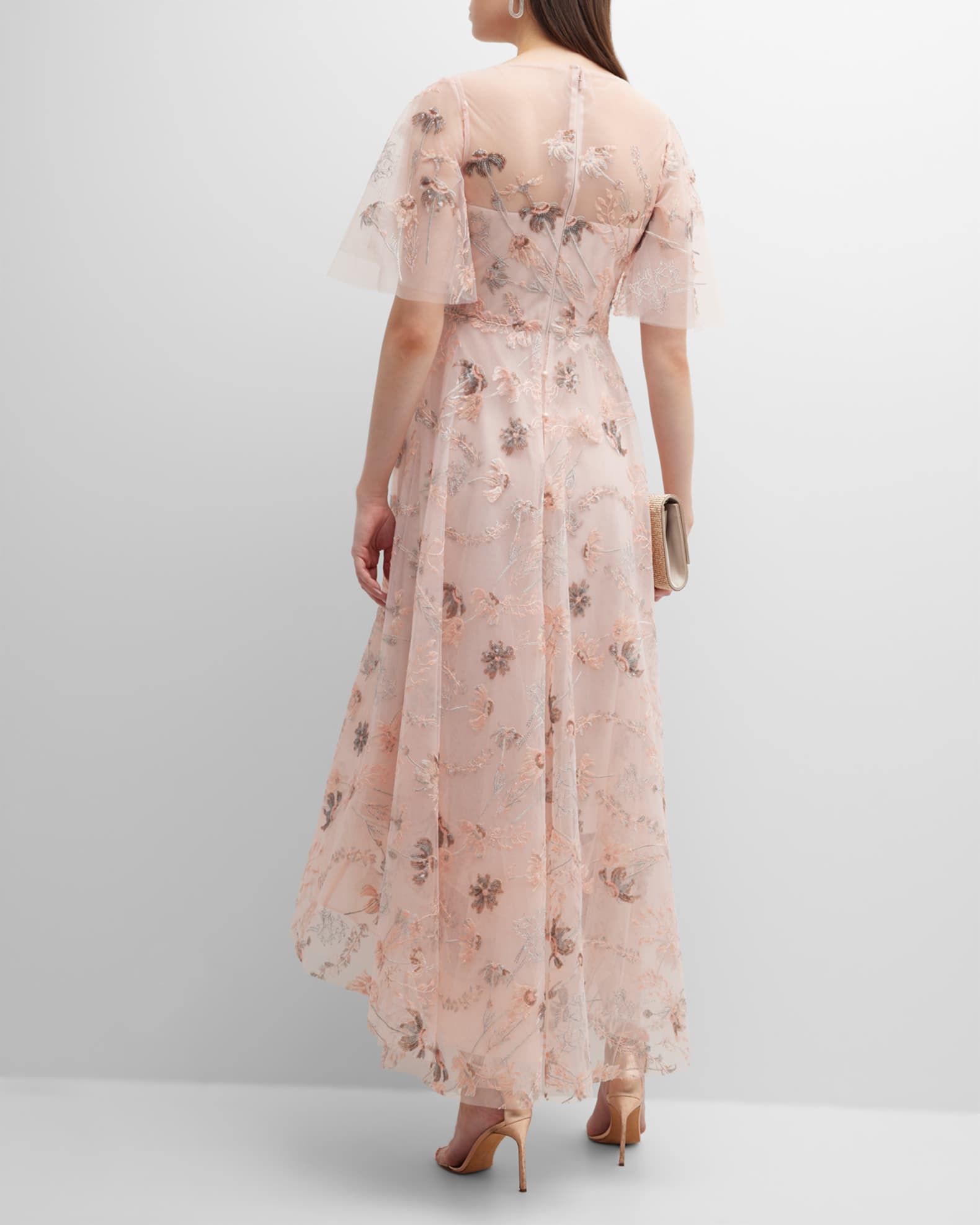 Rickie Freeman for Teri Jon High-Low Floral-Embroidered Tulle Gown ...