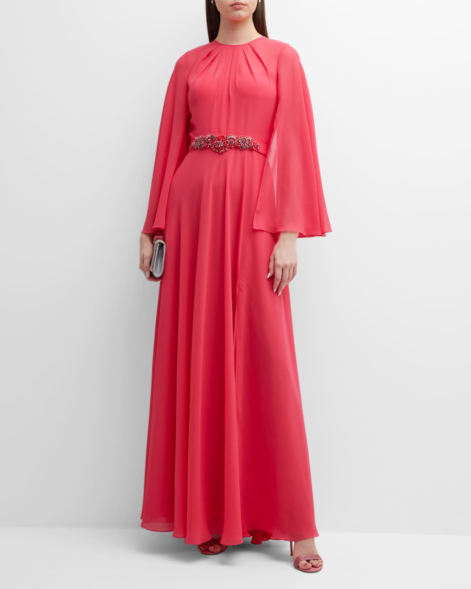 Rickie Freeman for Teri Jon Jewel-Embellished Cape-Sleeve Chiffon Gown ...