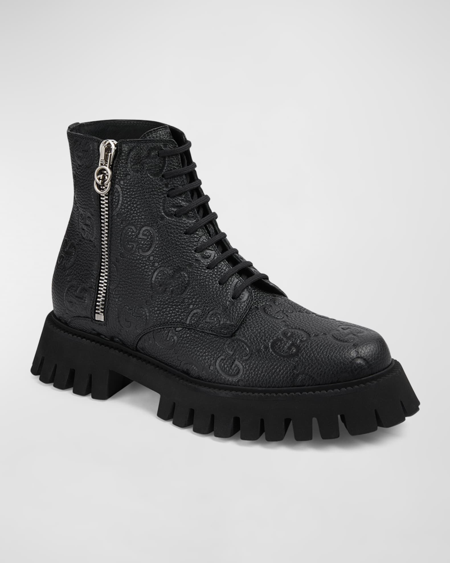 Gucci Men's Novo GG Leather Lug Sole Lace-Up Boots | Neiman Marcus