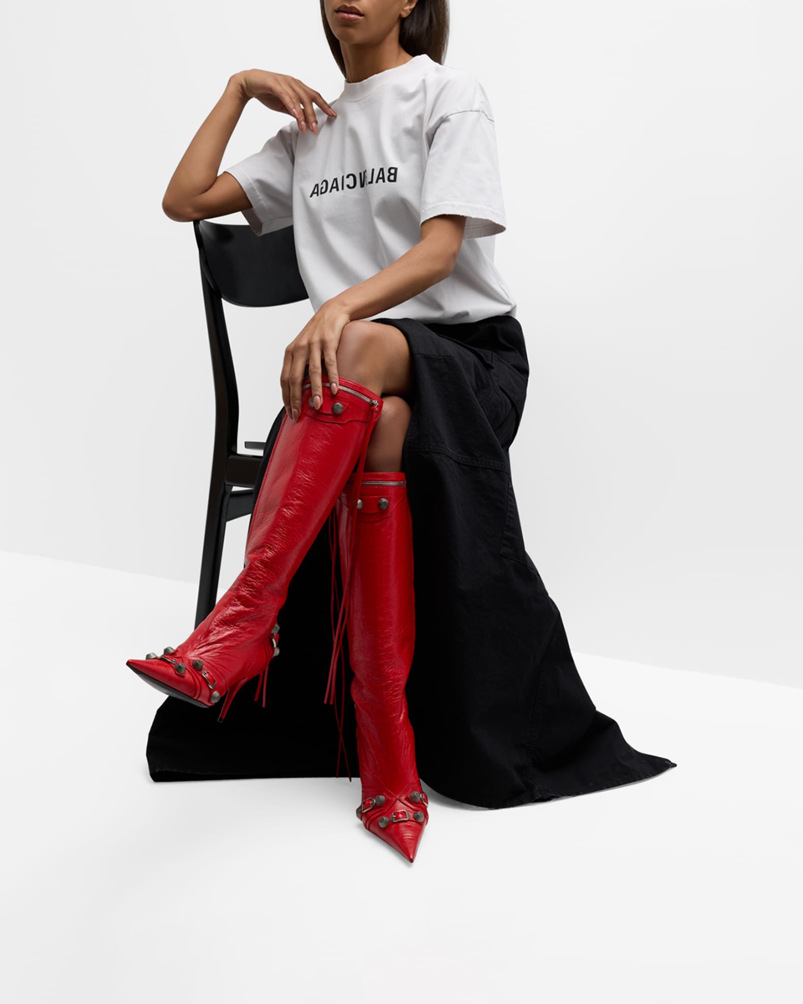 Balenciaga Cagole Lambskin Buckle Zip Knee Boots | Neiman Marcus